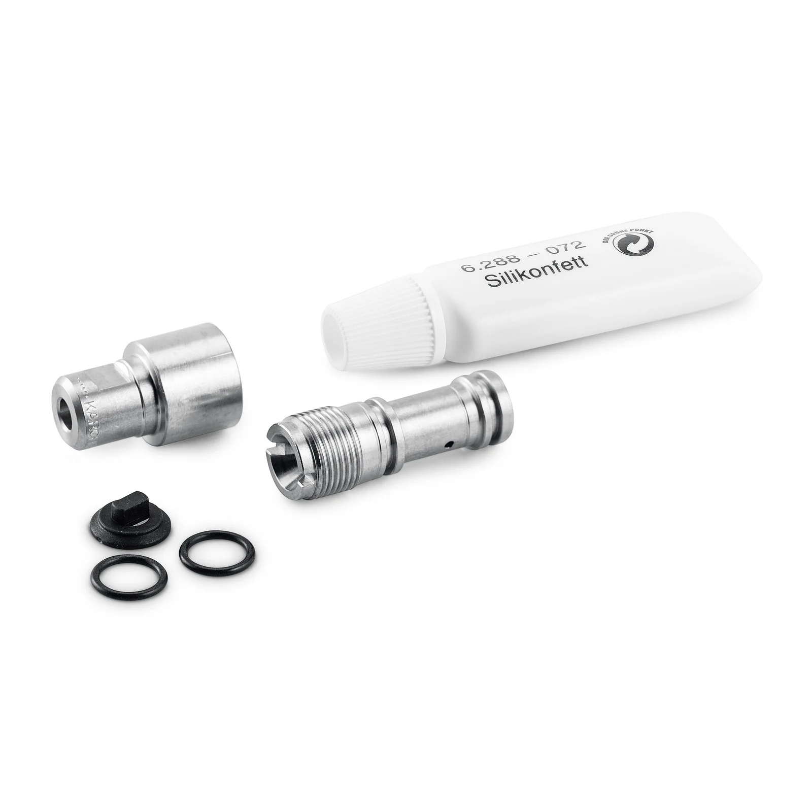 Silikonfett-Tube, zwei Metalladapter und drei schwarze Dichtungsringe auf weißem Hintergrund.