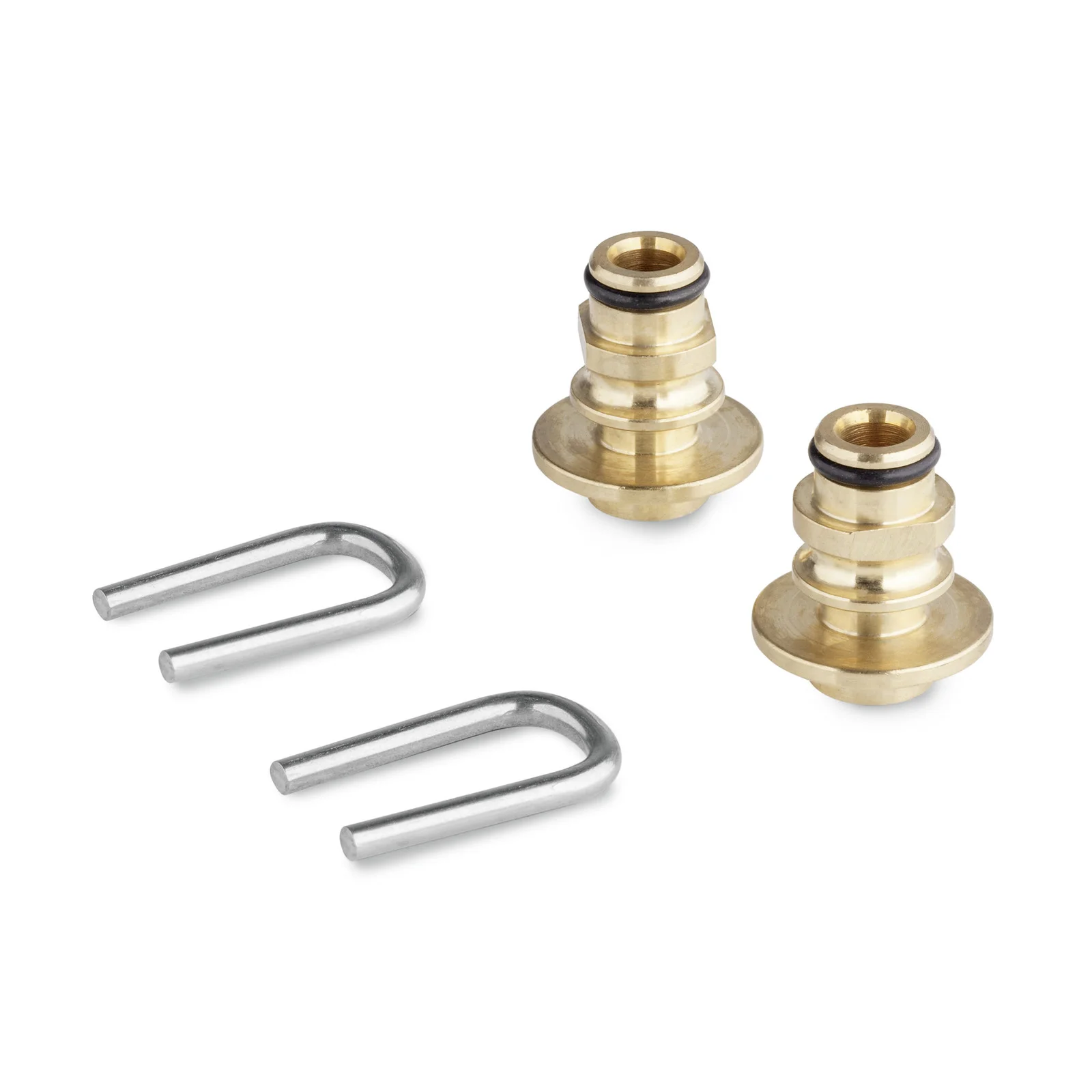 Zwei Messinganschlüsse mit O-Ringen und zwei U-förmige Metallklammern auf weißem Hintergrund.