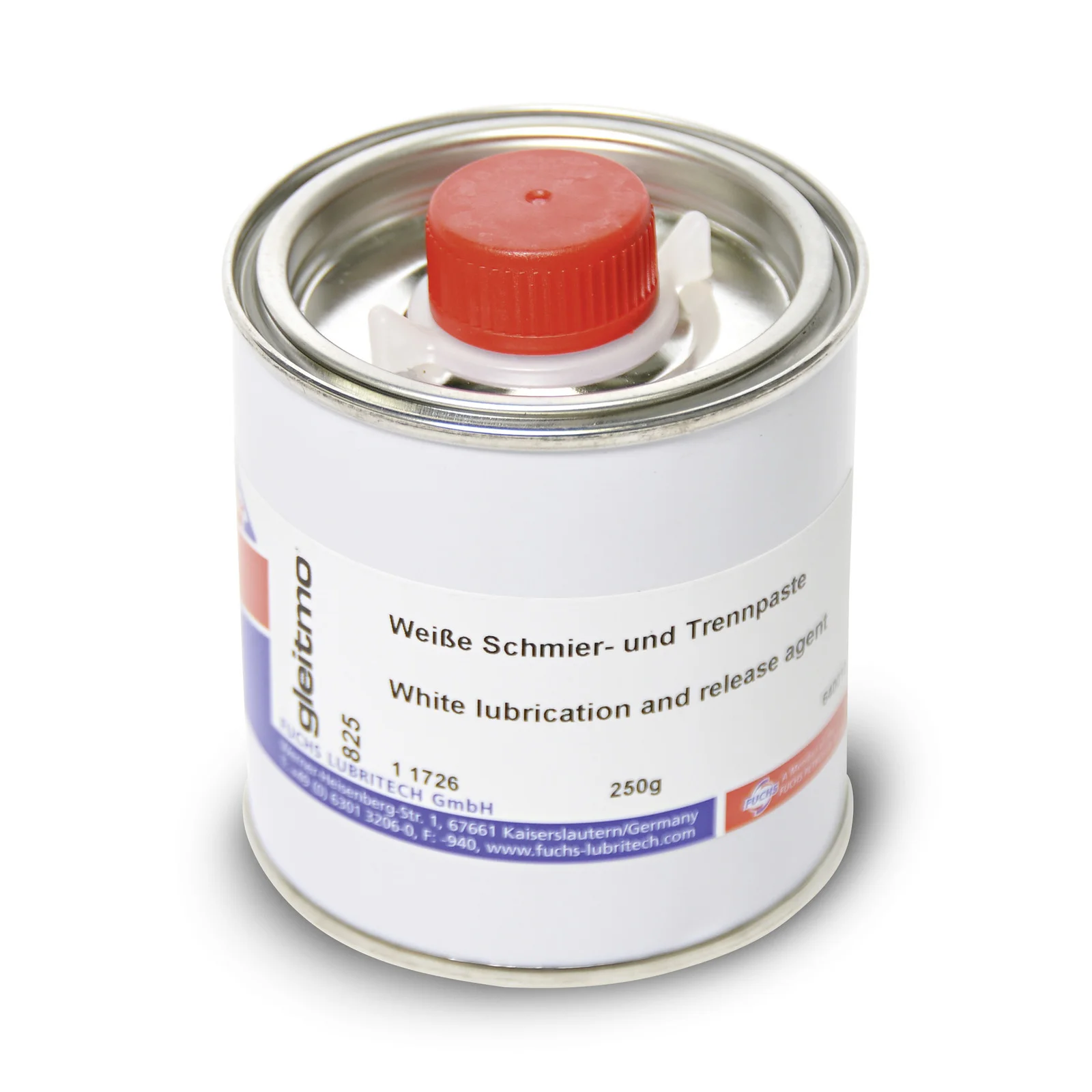 Dose mit rotem Deckel, Etikett zeigt "Weiße Schmier- und Trennpaste", 250g, Hersteller Fuchs Lubritech GmbH.