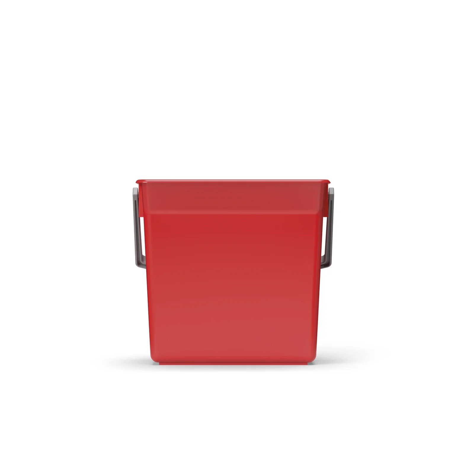 Roter rechteckiger Eimer mit grauen Griffen, frontal auf weißem Hintergrund.