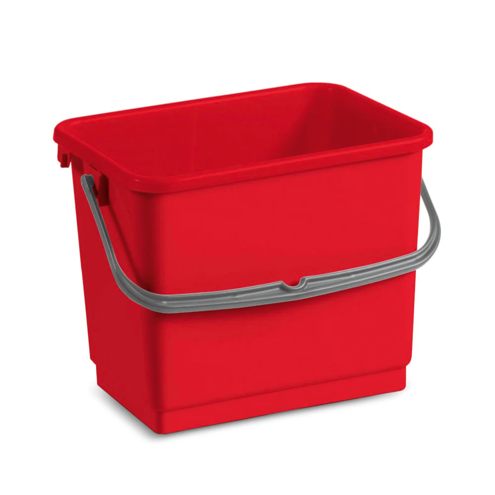 Roter rechteckiger Eimer mit grauem Henkel.