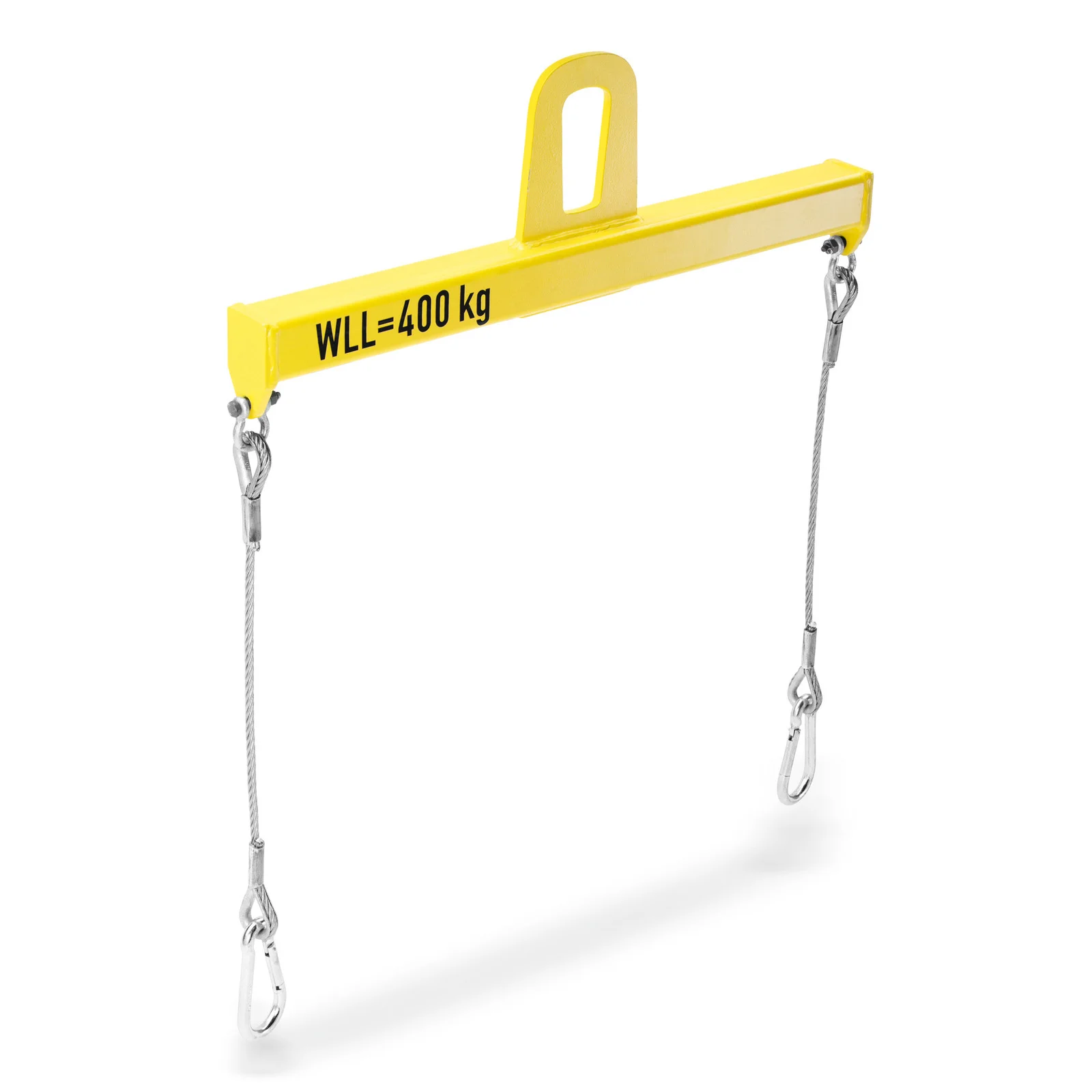Gelber Hebebalken mit der Aufschrift "WLL=400 kg", zwei Stahlseile mit Haken an den Enden.