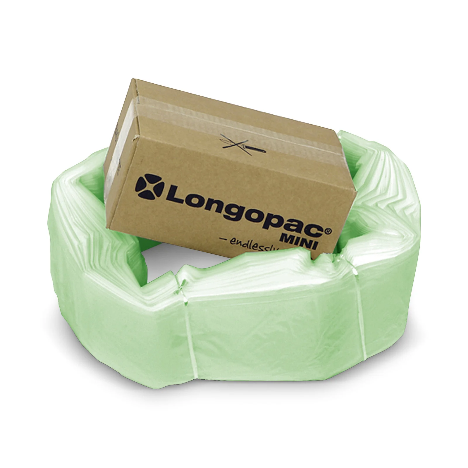 Karton mit Longopac Mini-Aufschrift, umgeben von grünem Kunststoffschlauch.