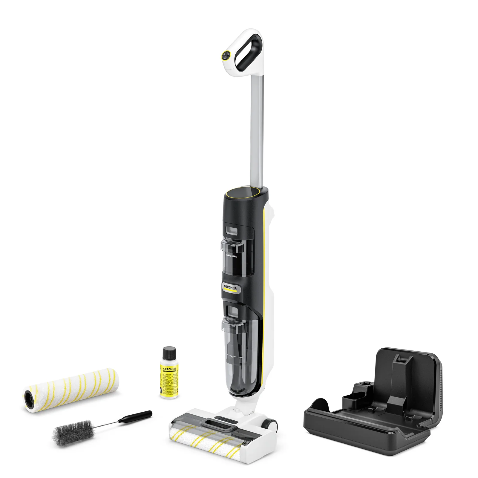 Kärcher Bodenreiniger mit Zubehör: Reinigungsrolle, Bürste, Reinigungsmittel und Ladestation auf weißem Hintergrund.