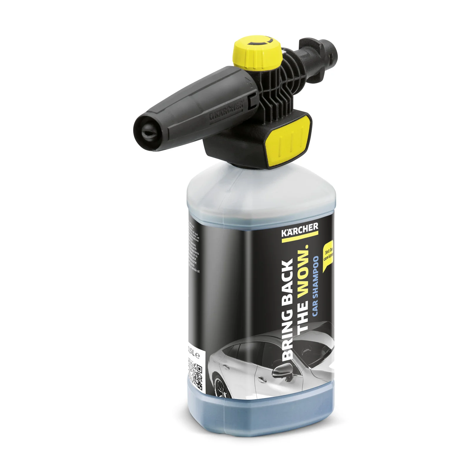Kärcher Schaumdüse mit Autoshampoo-Flasche, schwarzer und gelber Sprühkopf, 1 Liter Inhalt.