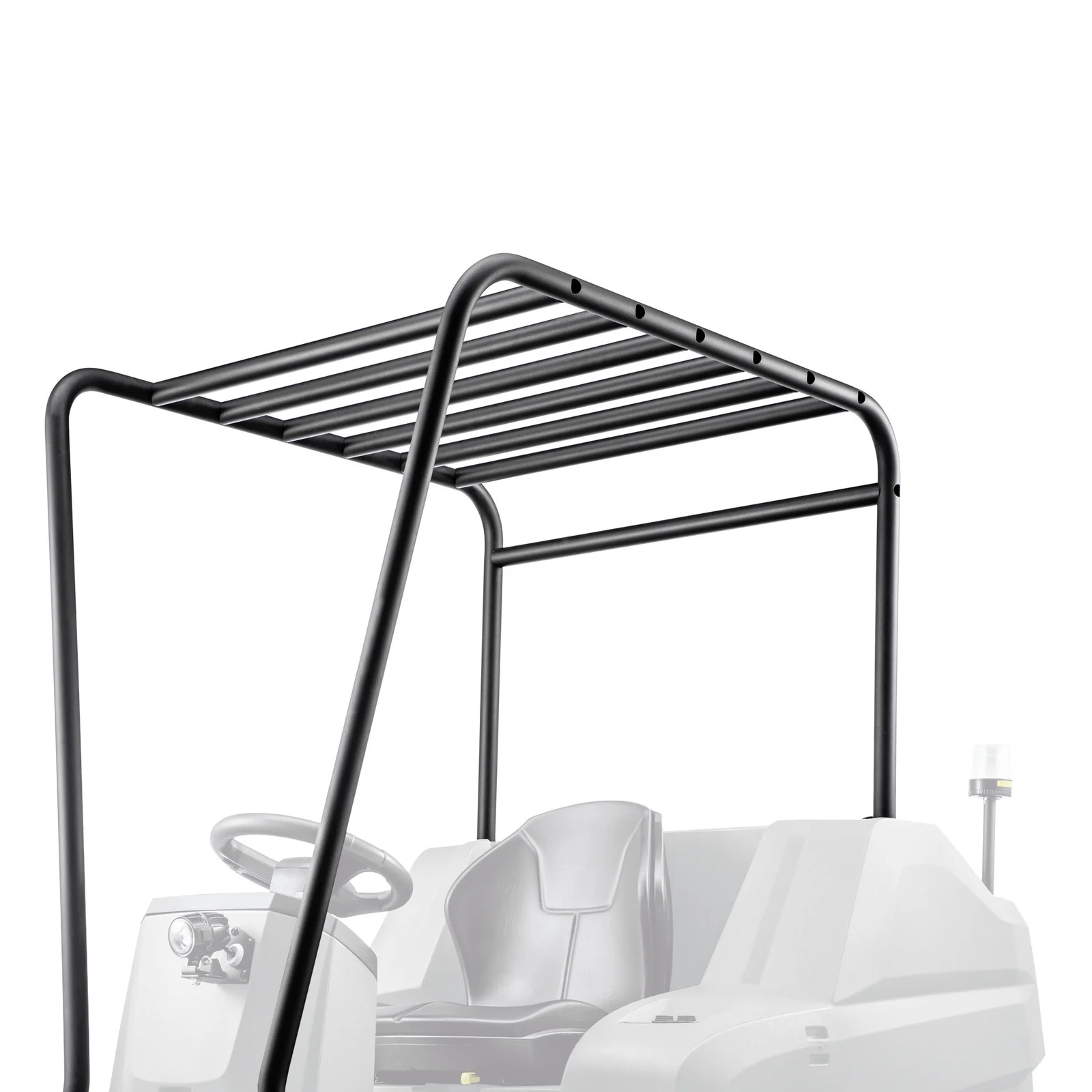 Schwarzes Schutzdach aus Metall über einem Sitz eines Fahrzeuges, teilweise transparent dargestellt.