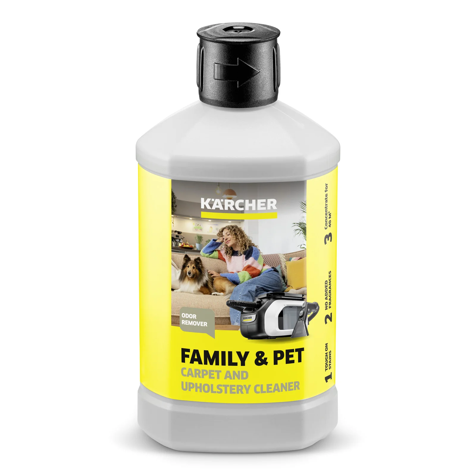Kärcher Teppich- und Polsterreinigerflasche mit gelbem Etikett, Aufschrift "Family & Pet", Bild von Frau mit Hund und Katze.