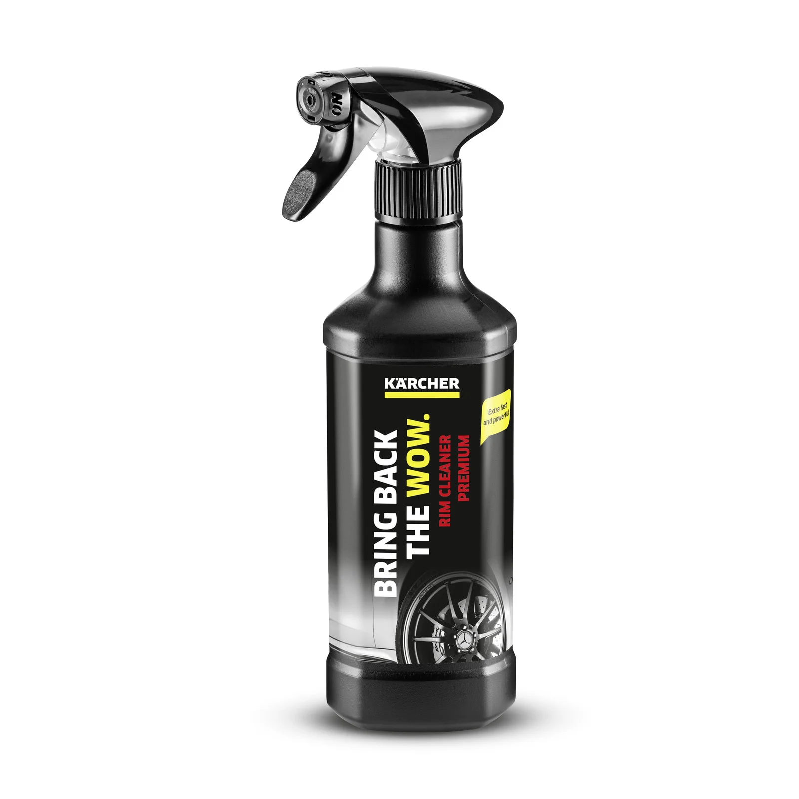 Kärcher Felgenreiniger Premium in schwarzer Sprühflasche mit gelbem Etikett und silbernem Sprühkopf.