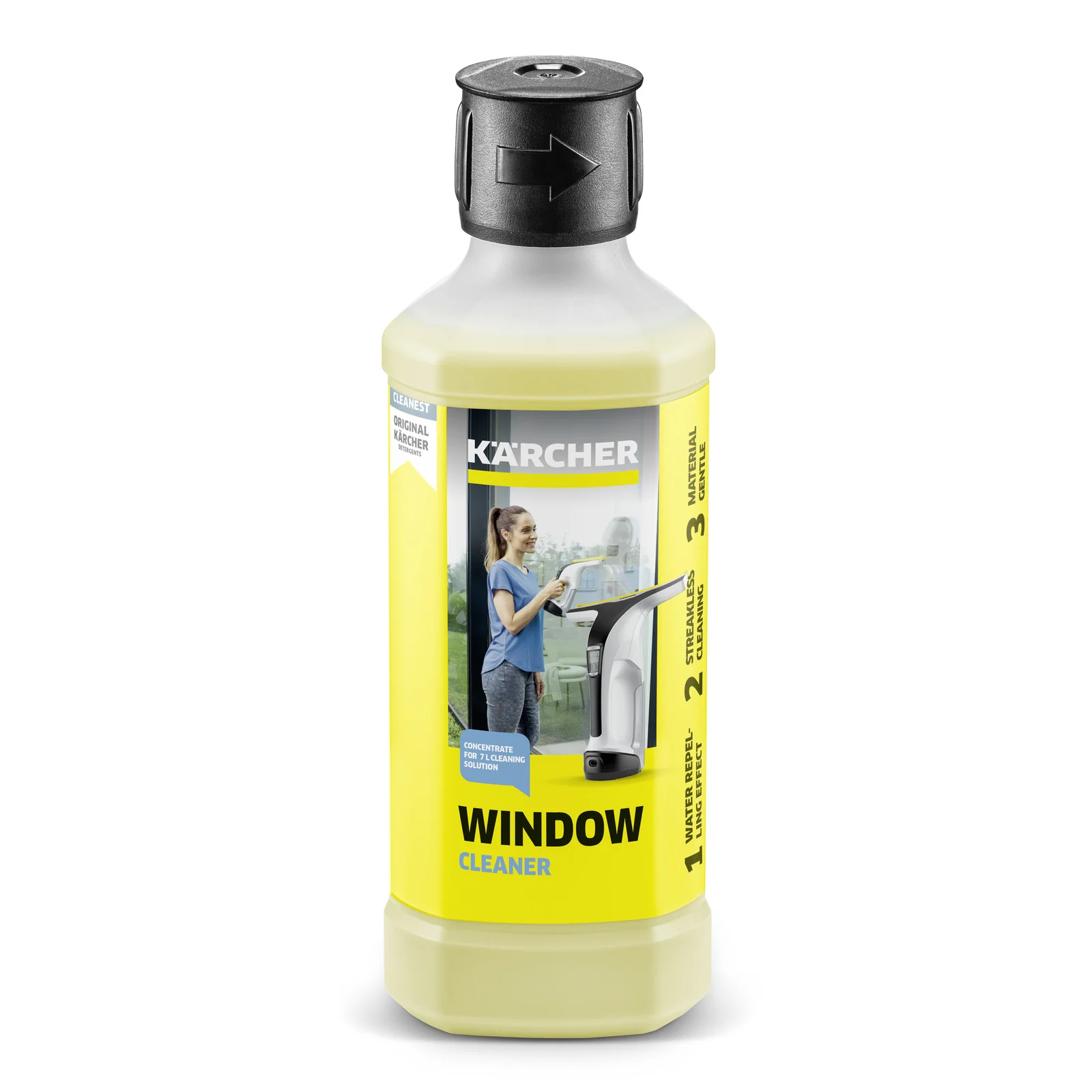 Kärcher Fensterreiniger-Flasche mit gelbem Etikett, zeigt eine Frau beim Fensterputzen mit einem Kärcher Fensterreiniger.