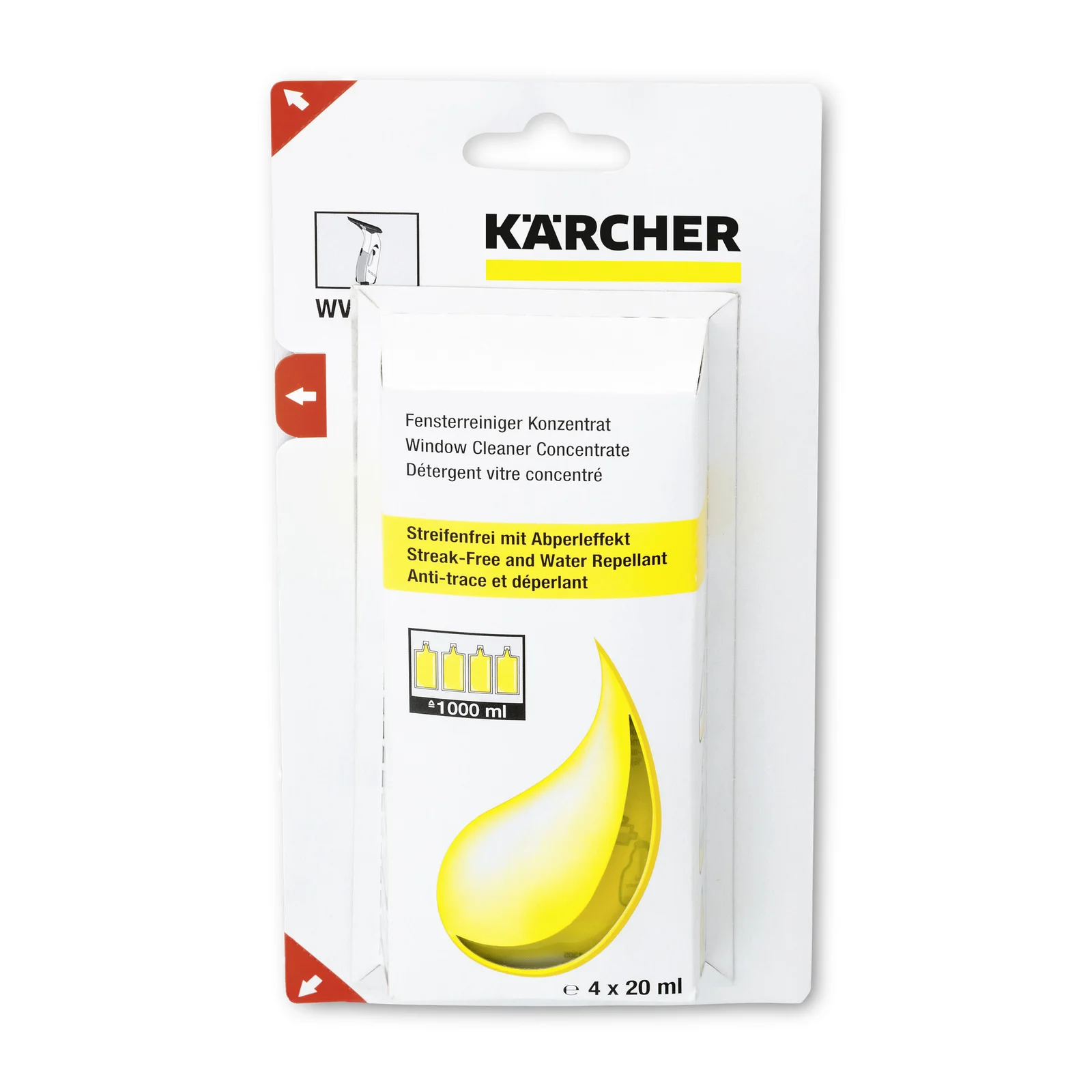 Kärcher Fensterreiniger Konzentrat Verpackung, 4 x 20 ml, mit gelbem Tropfen und Streifenfrei-Aufschrift.