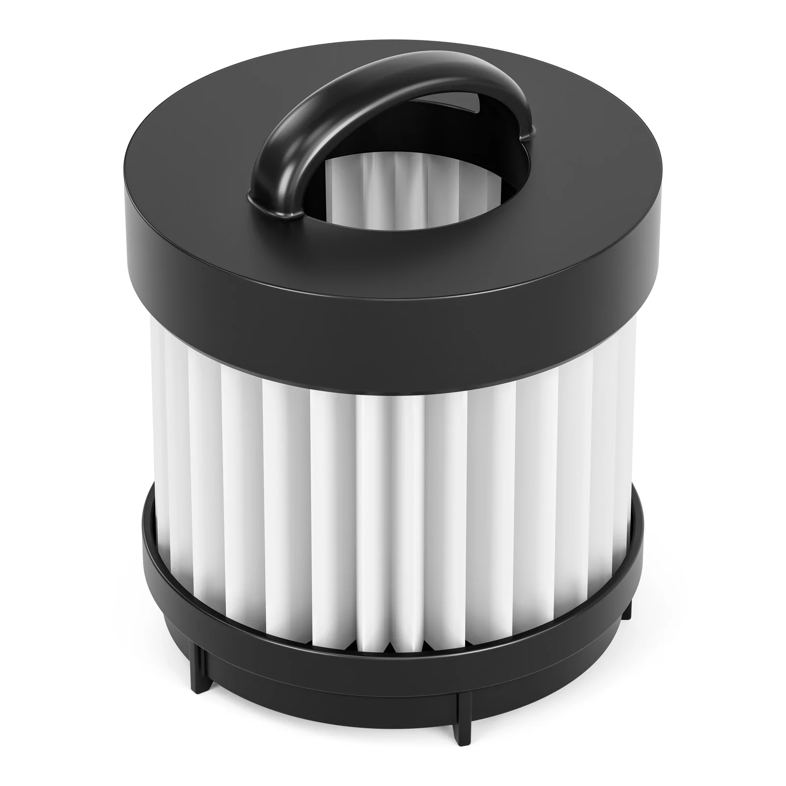 Runder, schwarzer Staubsaugerfilter mit weißen Lamellen und einem Griff oben.