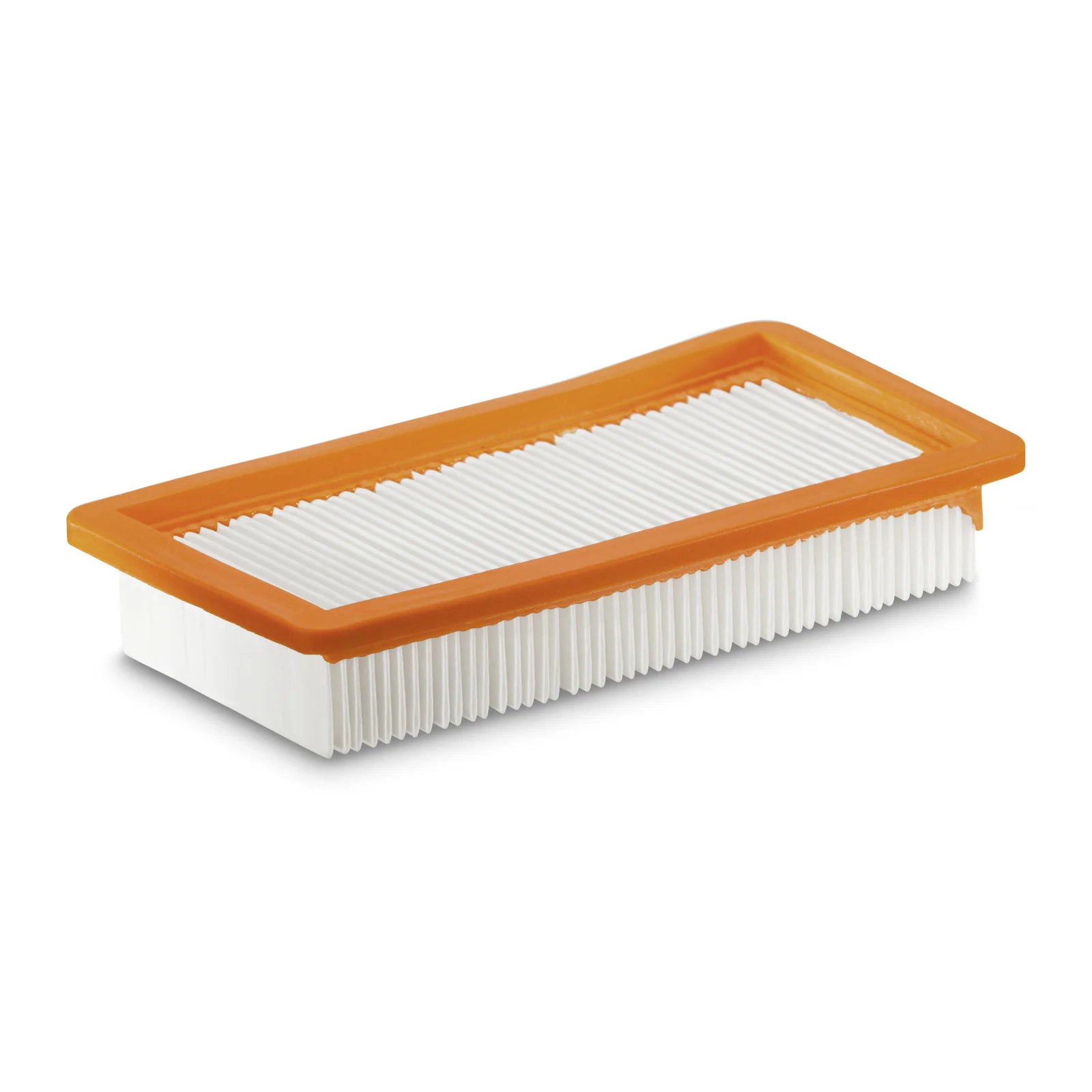 Rechteckiger Luftfilter mit orangefarbenem Rahmen und weißen Lamellen, auf weißem Hintergrund.