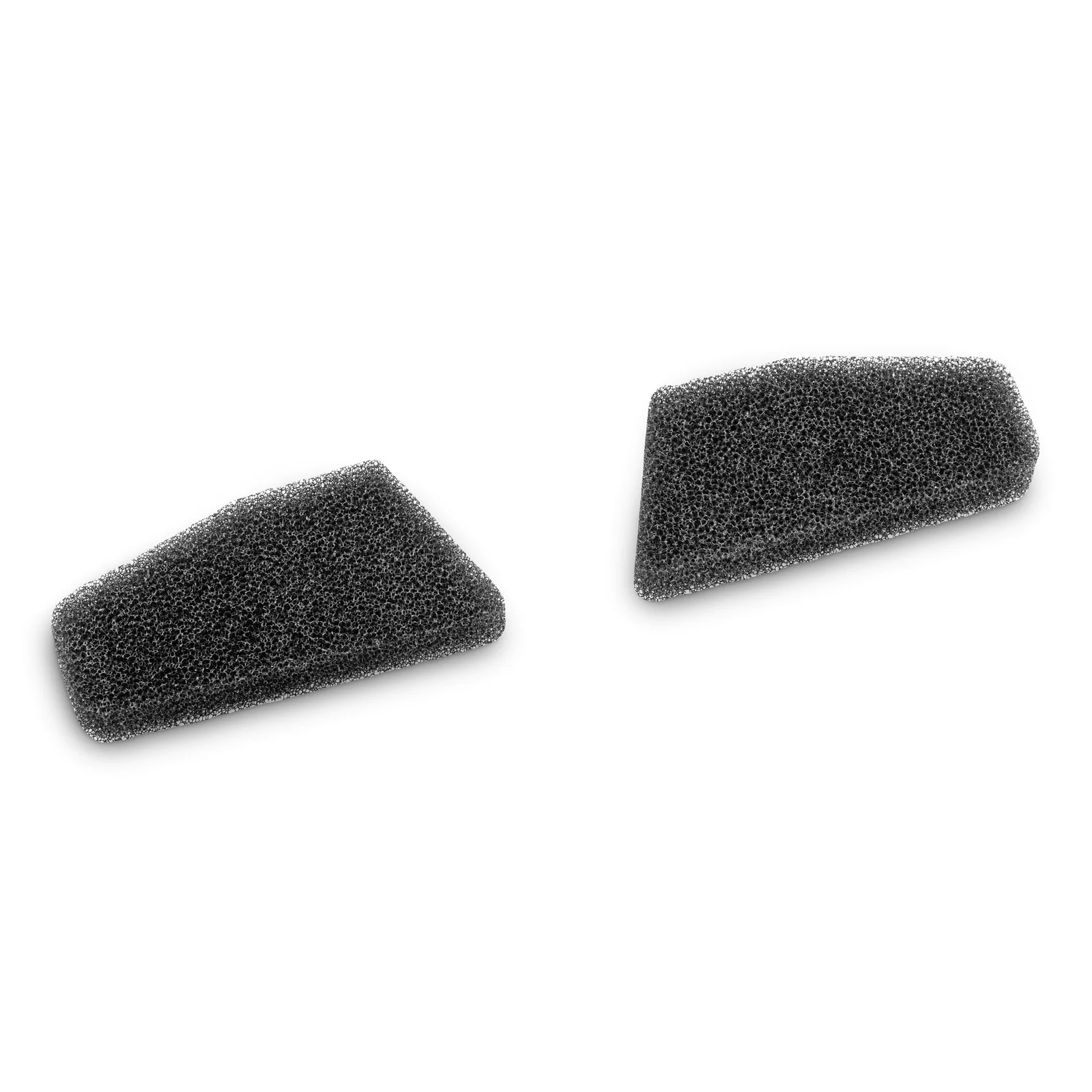 Zwei schwarze, trapezförmige Schaumstofffilter auf weißem Hintergrund.