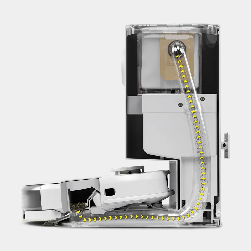 Schnittansicht eines weißen Robotersaugers, der in einer Ladestation steht, mit sichtbaren Staubbehälter und Saugmechanismus.