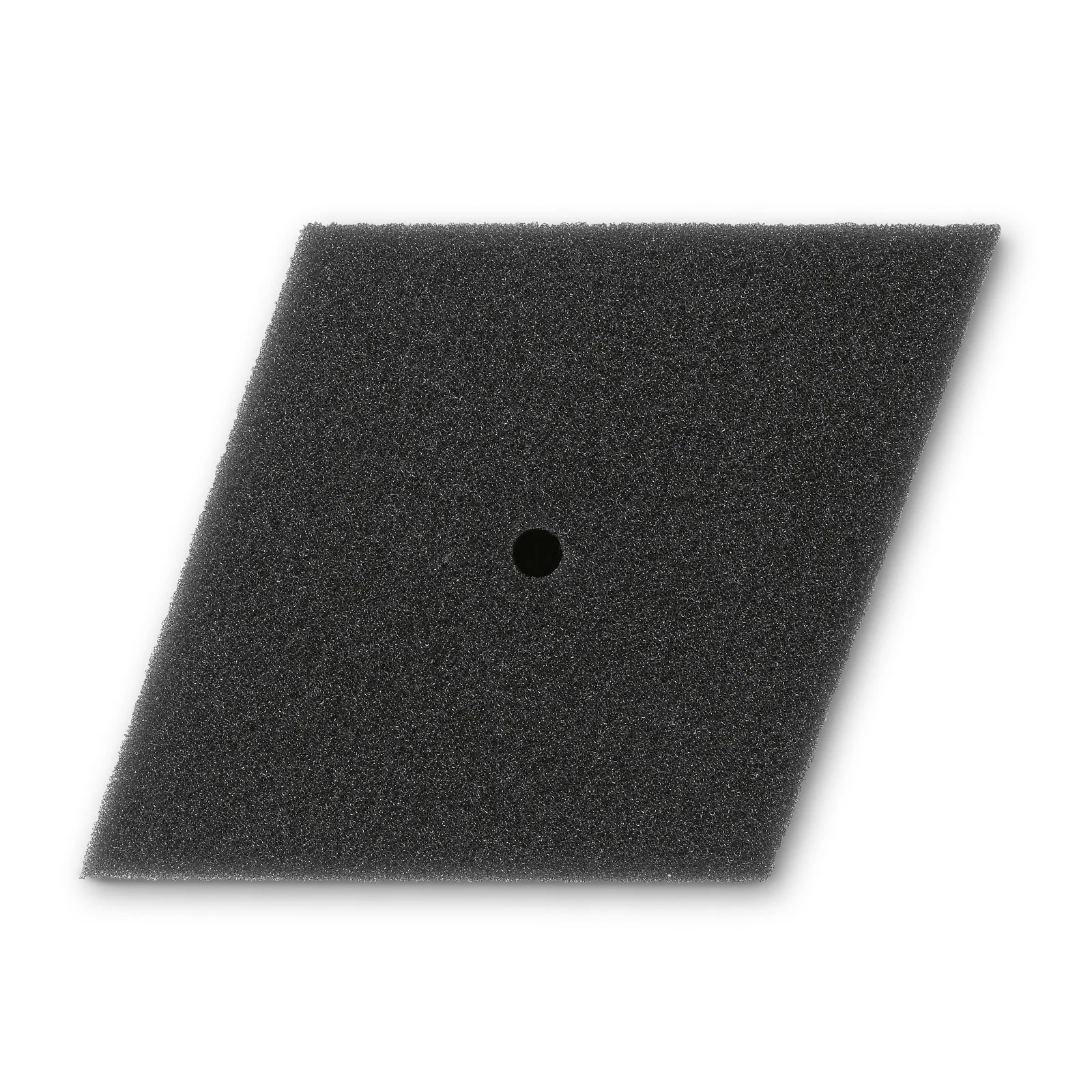 Schwarzes, diamantförmiges Schaumstoffpad mit einem zentralen Loch auf weißem Hintergrund.