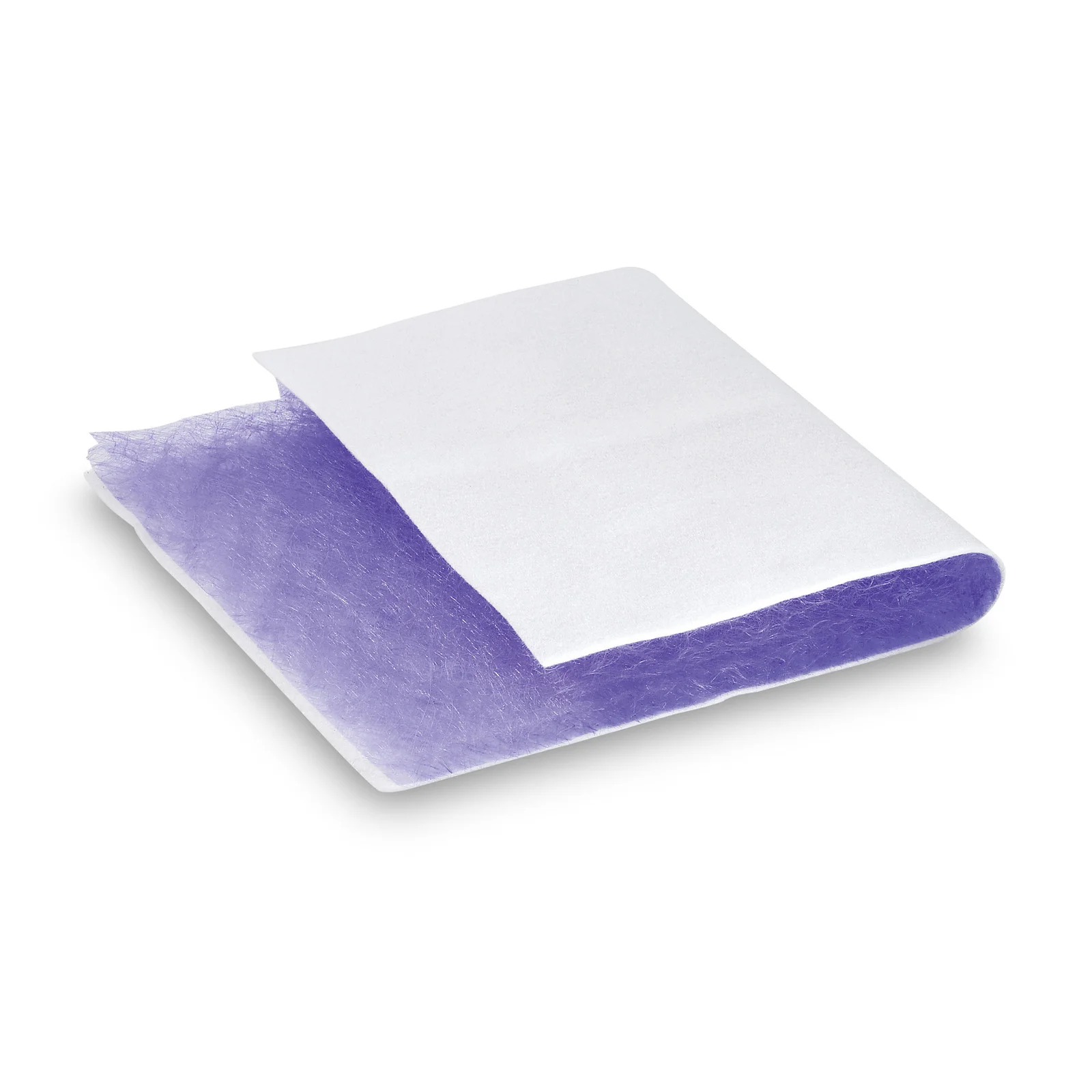 Lila-weiße Filtermatte mit texturierter Oberfläche, teilweise gefaltet, auf weißem Hintergrund.