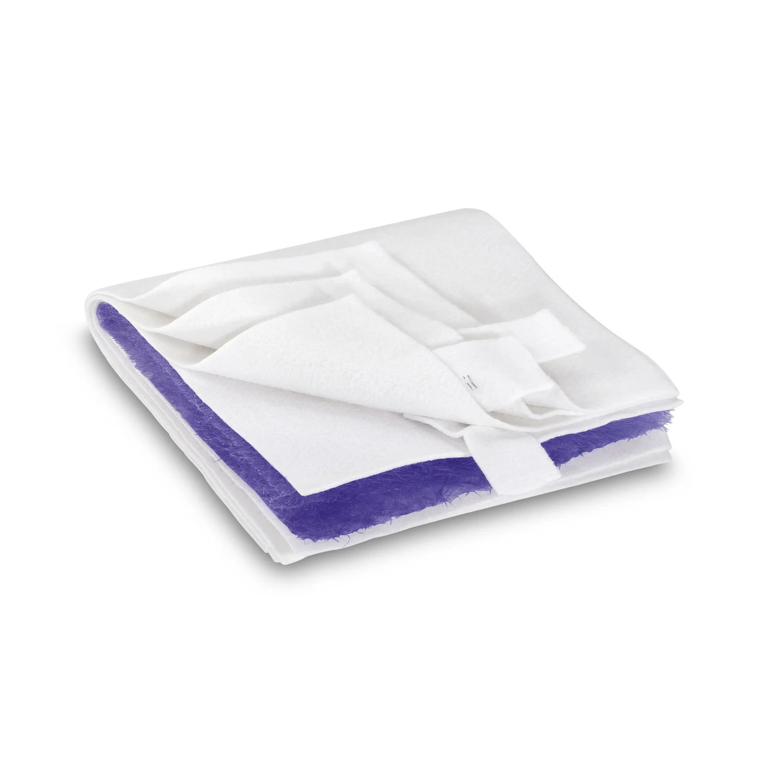 Gefaltetes weißes Reinigungstuch mit violettem Rand auf weißem Hintergrund.