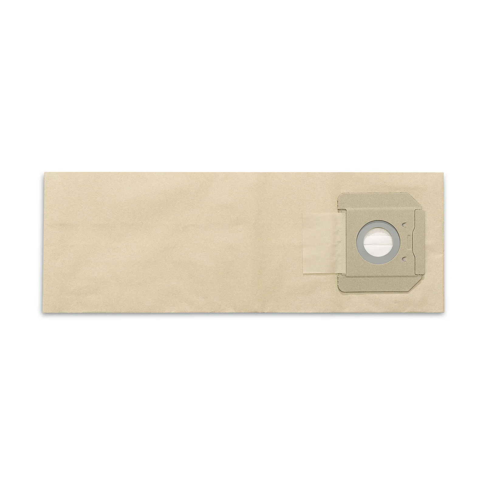 Staubsaugerbeutel aus braunem Papier mit rundem Anschluss auf weißem Hintergrund.