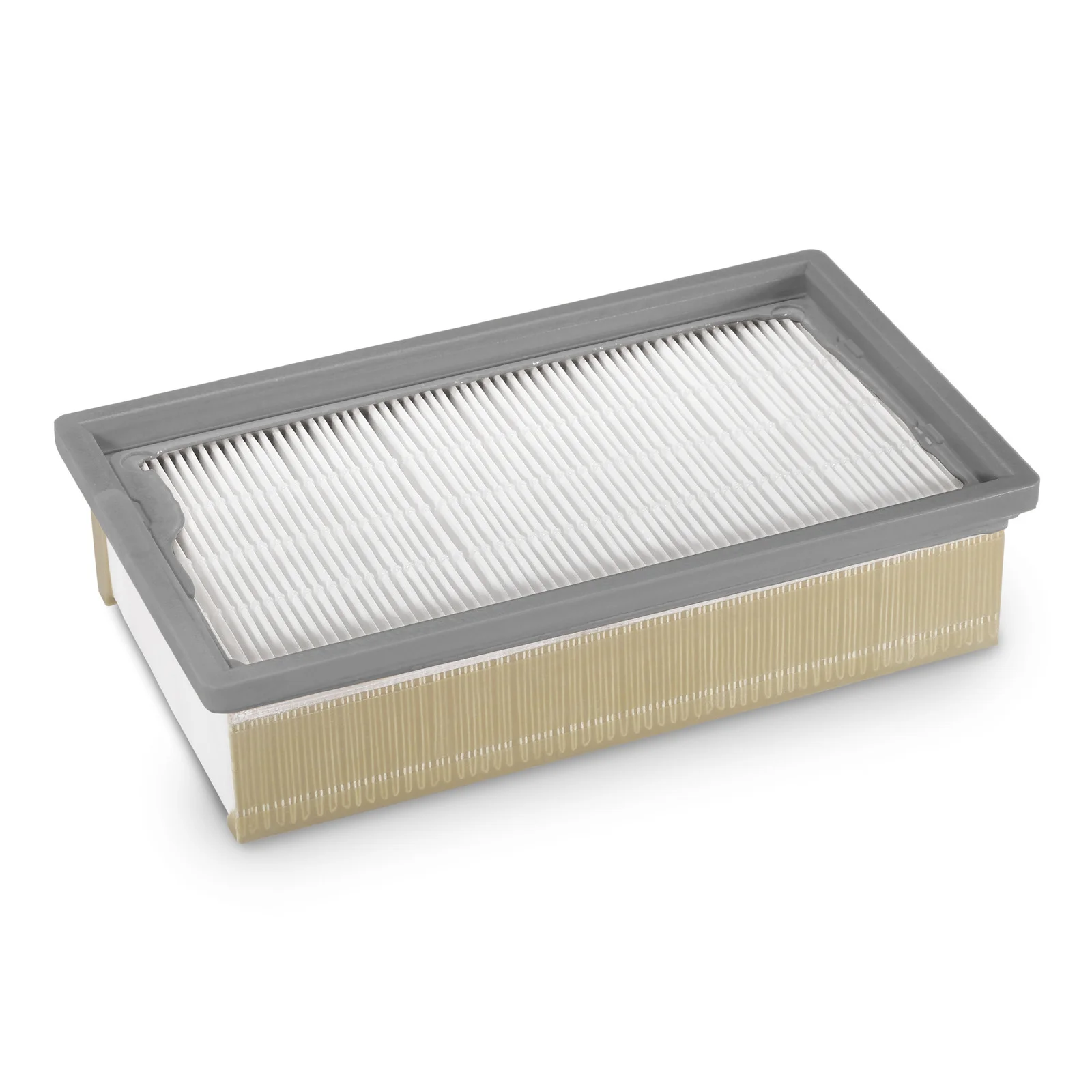 Rechteckiger Filter mit grauem Rahmen und weißen Falten, seitlich beige.