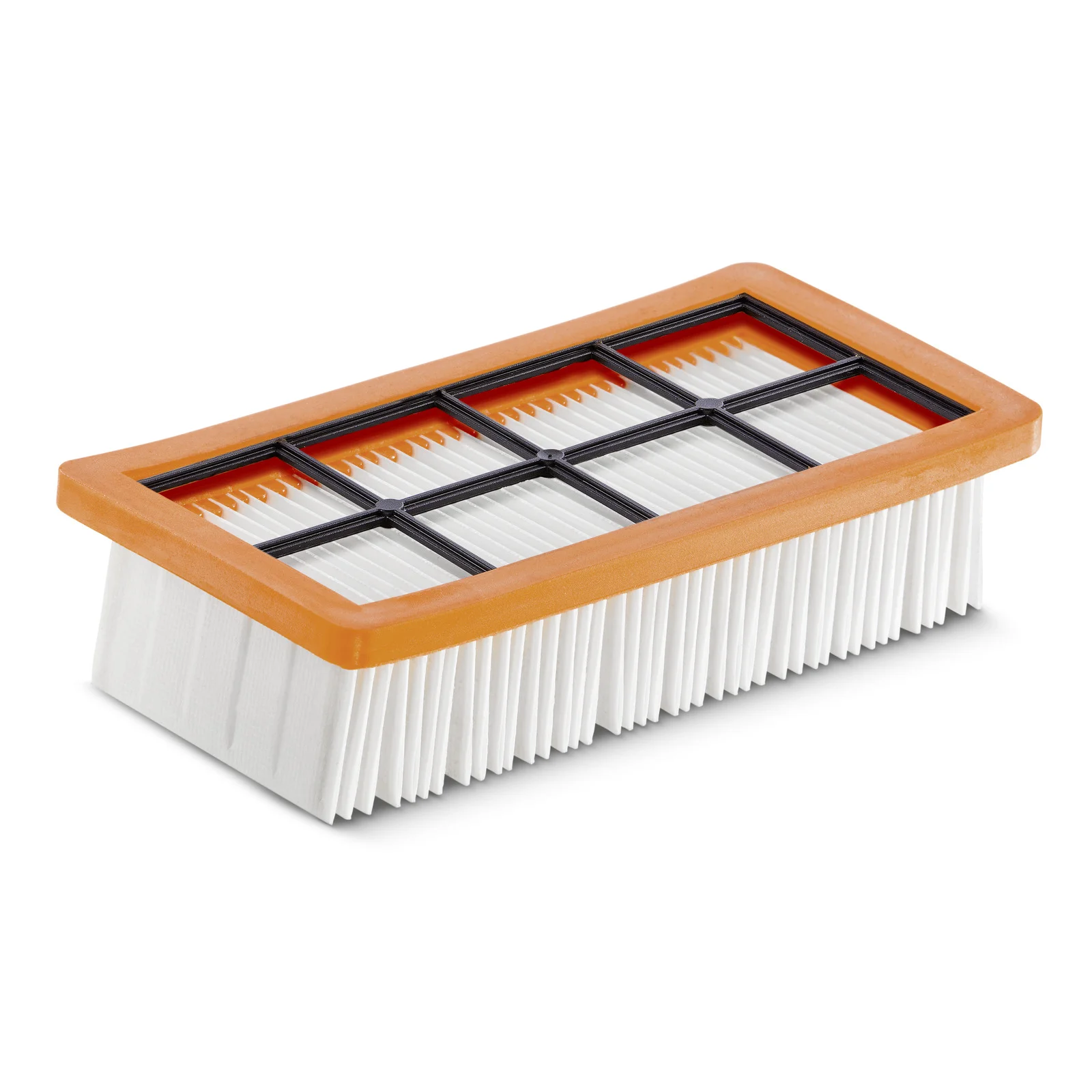 Rechteckiger Kärcher Flachfaltenfilter mit weißem Lamellenelement und orangefarbenem Kunststoffrahmen auf weißem Hintergrund.