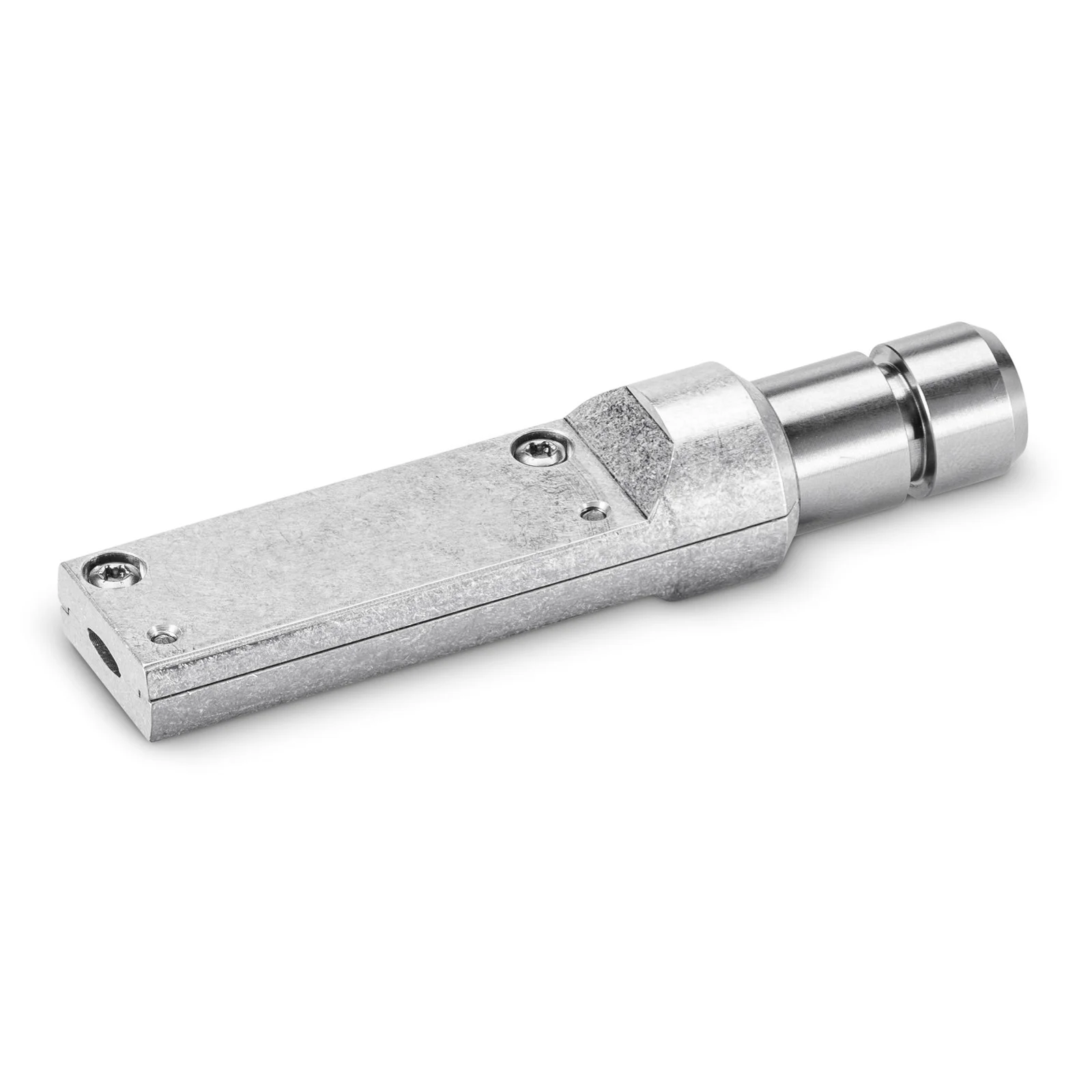Metallisches Düsenrohr mit zylindrischem Anschluss, zwei Schrauben auf der flachen Oberfläche, vor weißem Hintergrund.