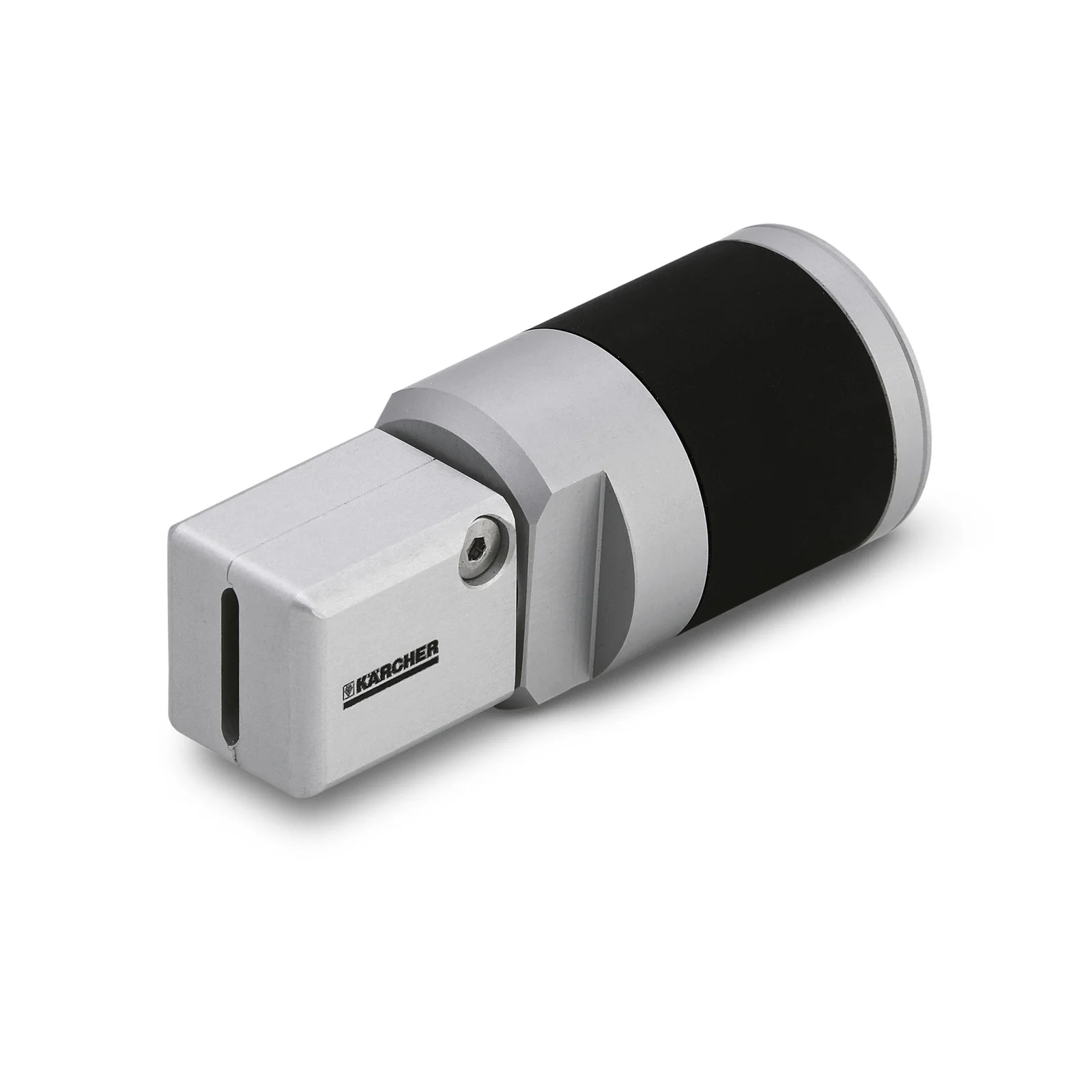 Silber-schwarzes Kärcher Zubehörteil mit zylindrischer Form und Logo auf der Seite.