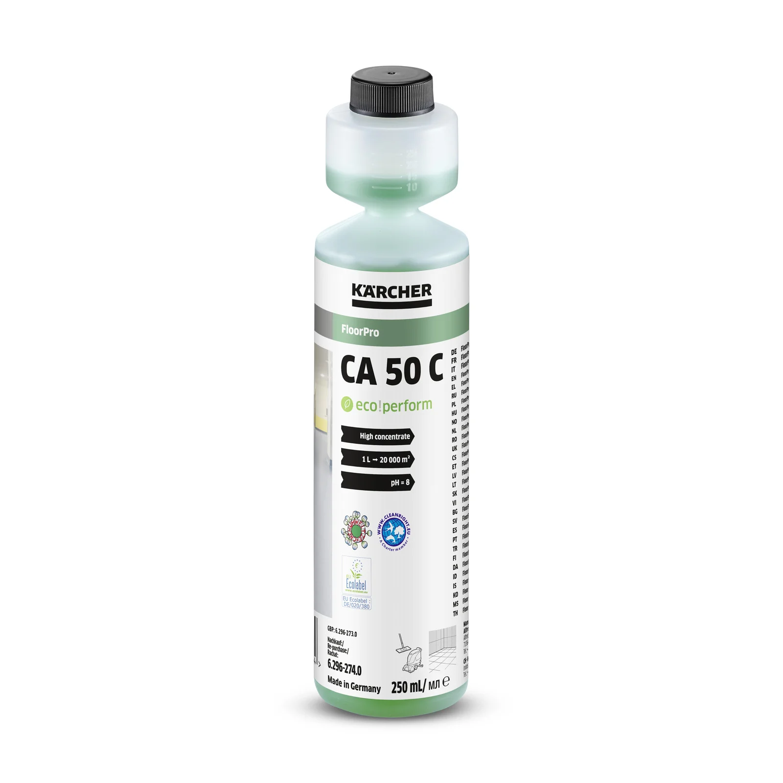 Flasche Kärcher Reinigungsmittel CA 50 C mit grünlicher Flüssigkeit, freigestellt auf weißem Grund.