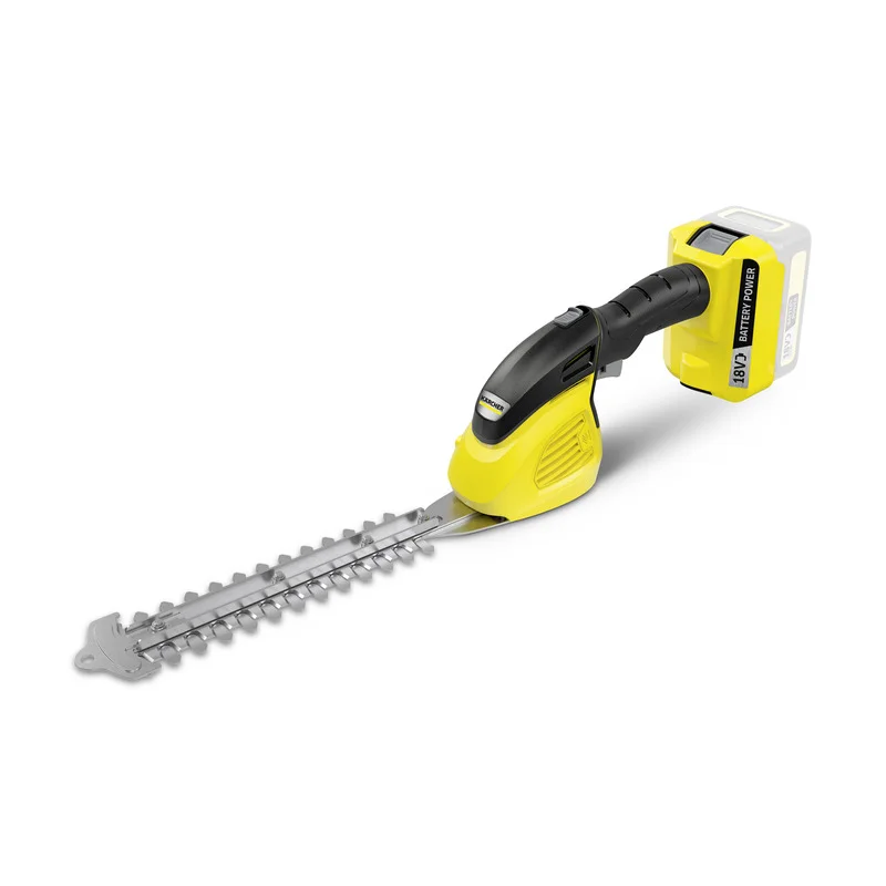 Kärcher Akku-Grasschere mit gelbem Gehäuse und schwarzem Griff, 18V Batterie hinten.