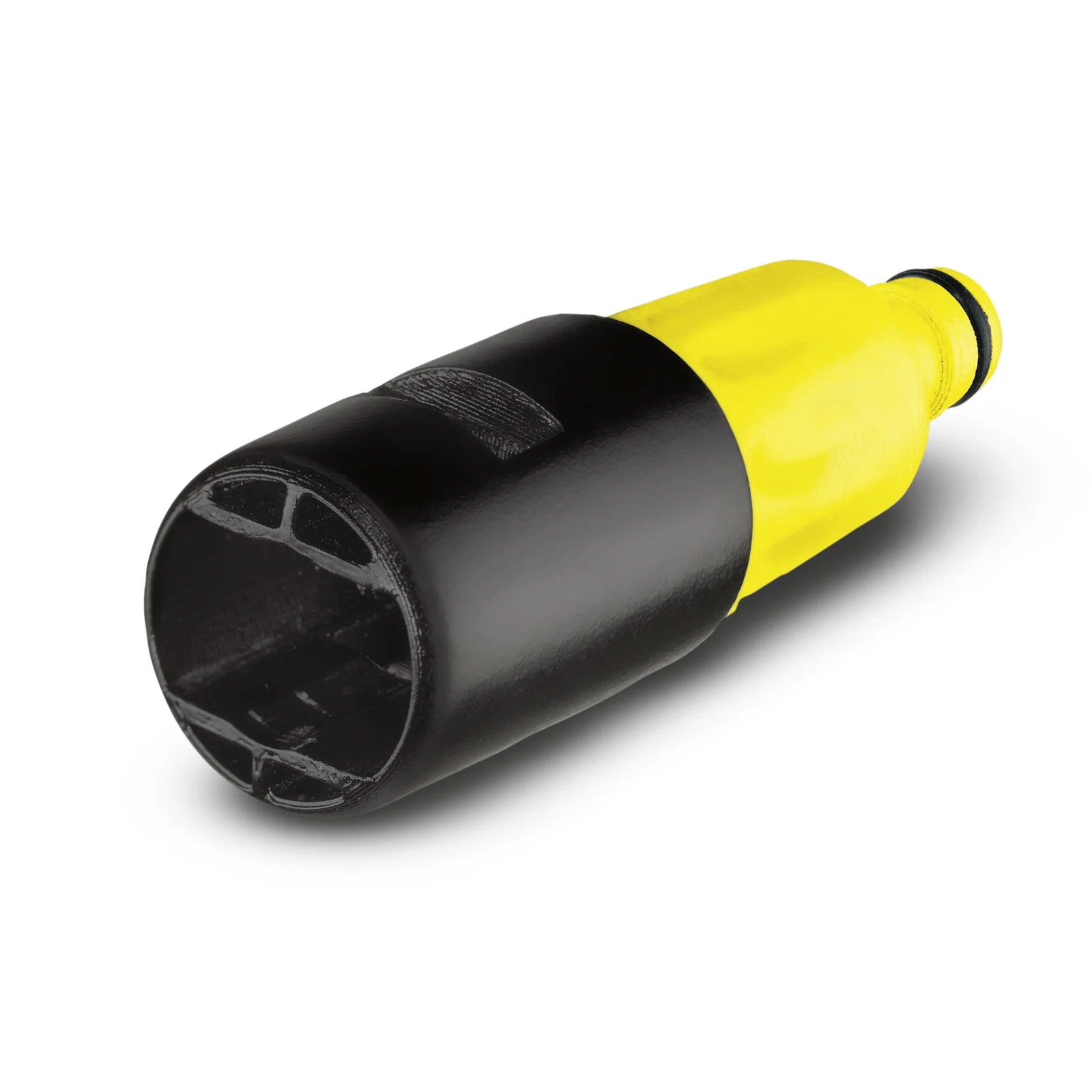 Kärcher Adapter, schwarz-gelb, zylindrische Form, Detailansicht auf weißem Hintergrund.