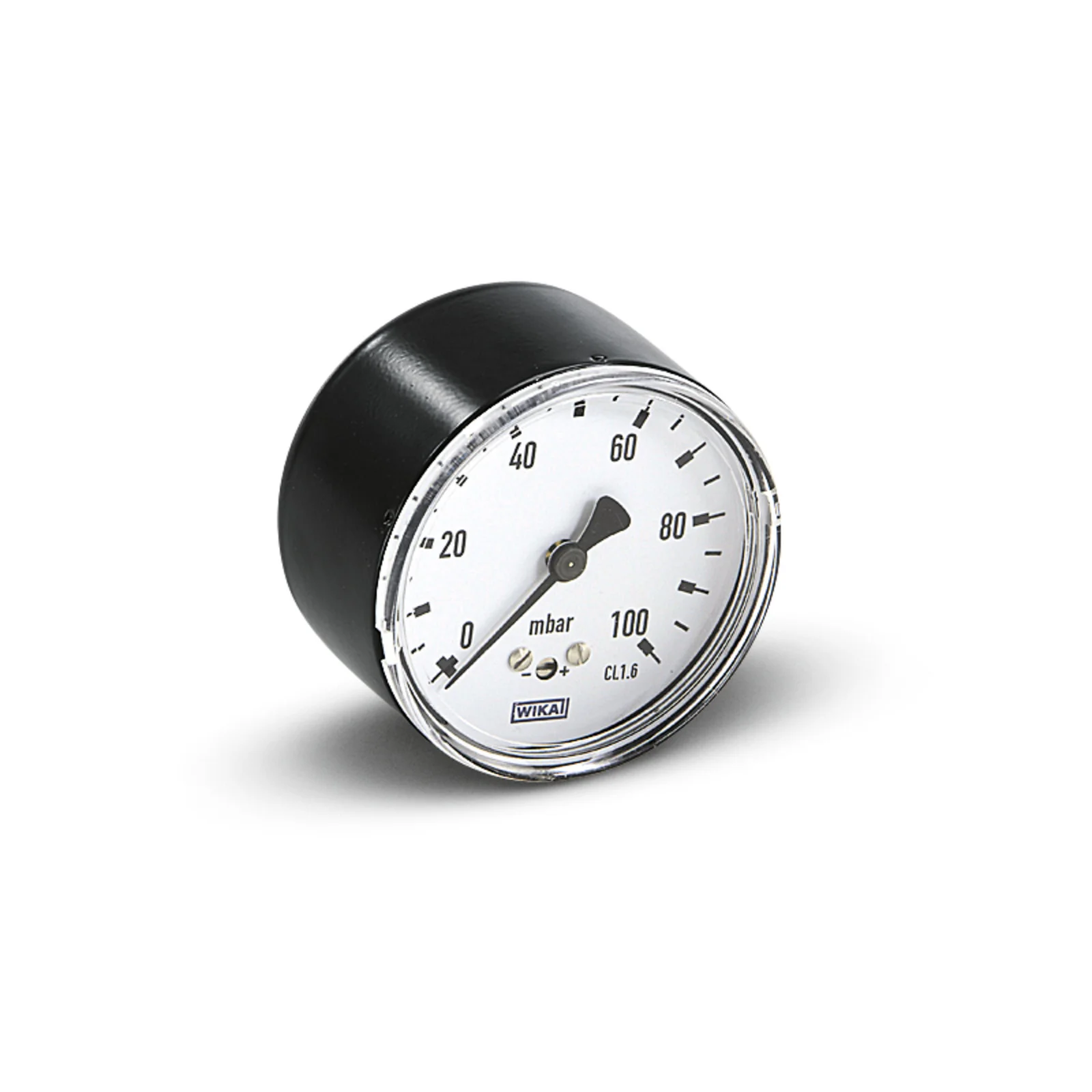 Rundes Manometer mit schwarzem Gehäuse, weißem Zifferblatt und Skala von 0 bis 100 mbar, Marke WIKA.