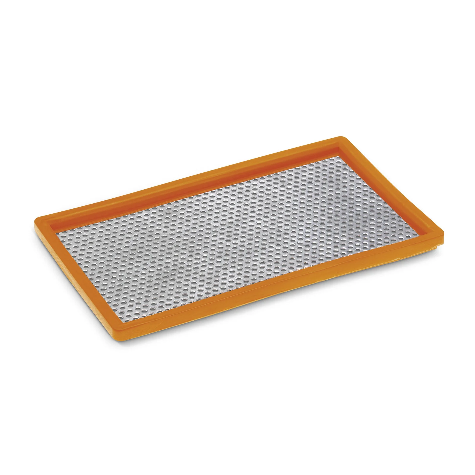 Rechteckiges, silbernes Metallgitter mit orangefarbenem Rahmen auf weißem Hintergrund.