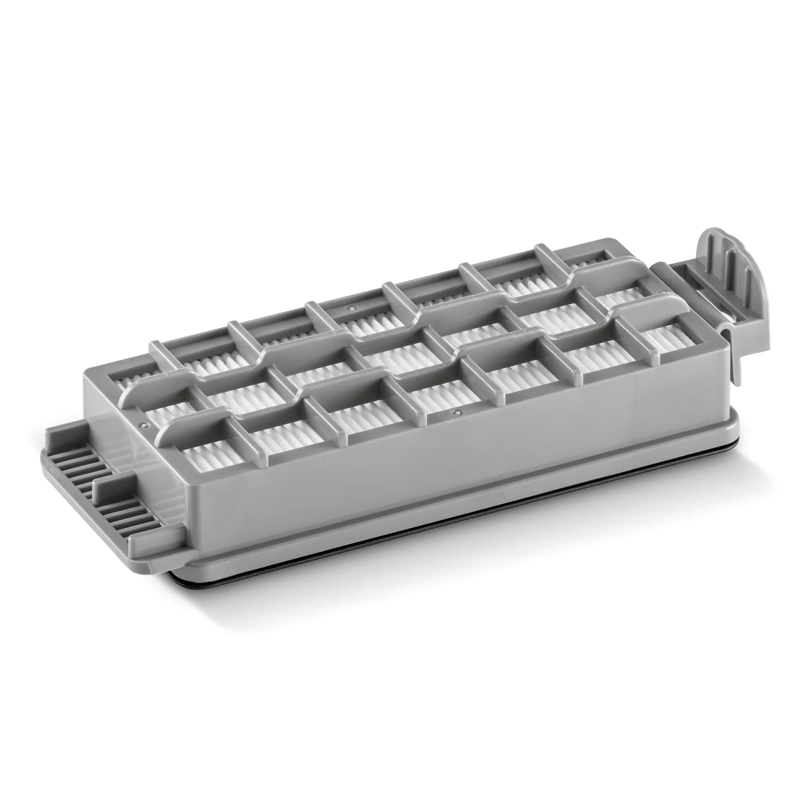 Grauer Kärcher HEPA-Filter mit rechteckiger Form und gerasterter Oberfläche, auf weißem Hintergrund.