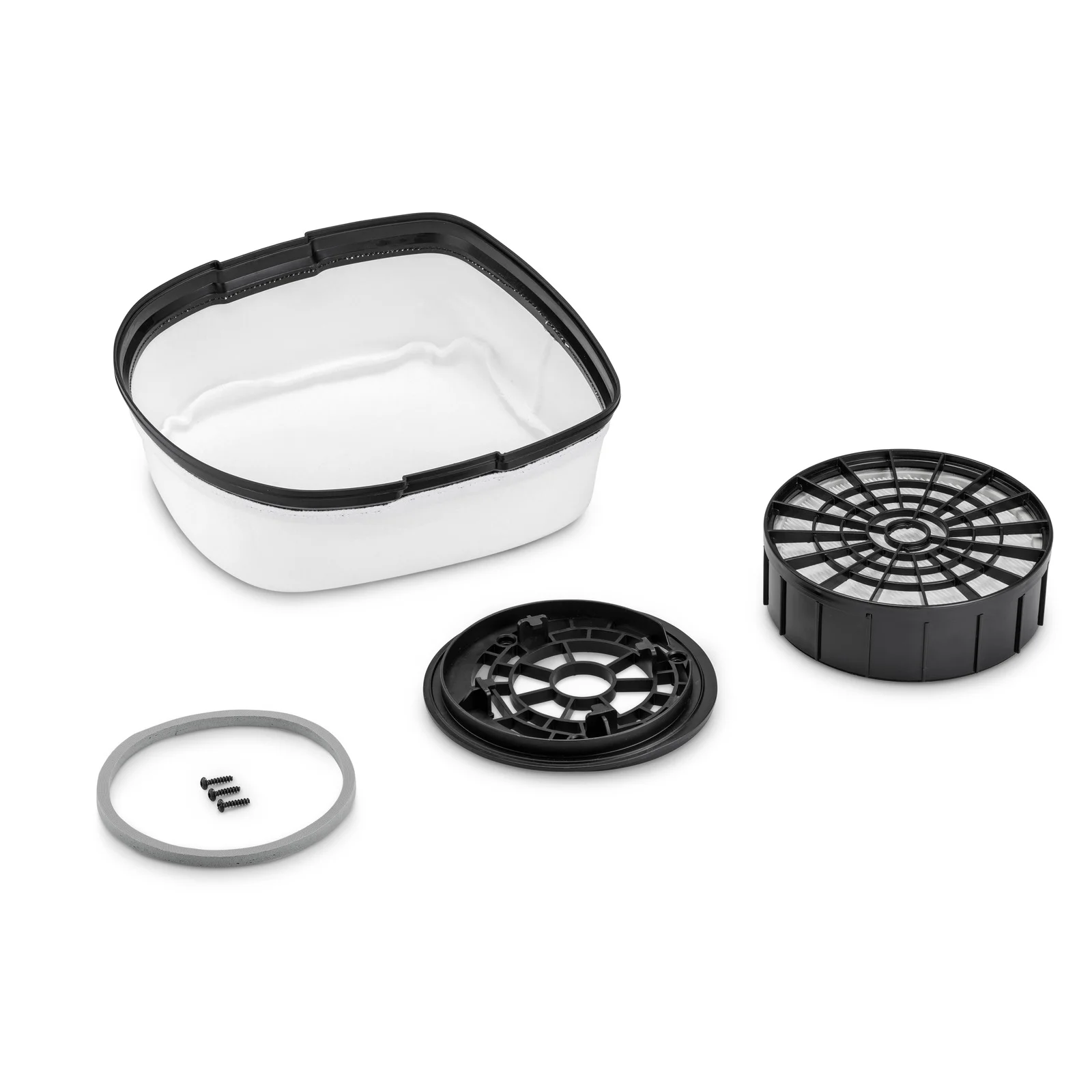 Vier Teile eines Kärcher Staubsaugerfilters: ein Behälter, ein runder Filter, ein Gittereinsatz und ein Dichtungsring.