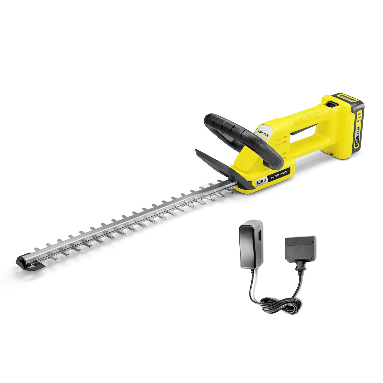 Kärcher Akku-Heckenschere mit gelbem Gehäuse und schwarzem Griff, daneben Ladegerät und Kabel.