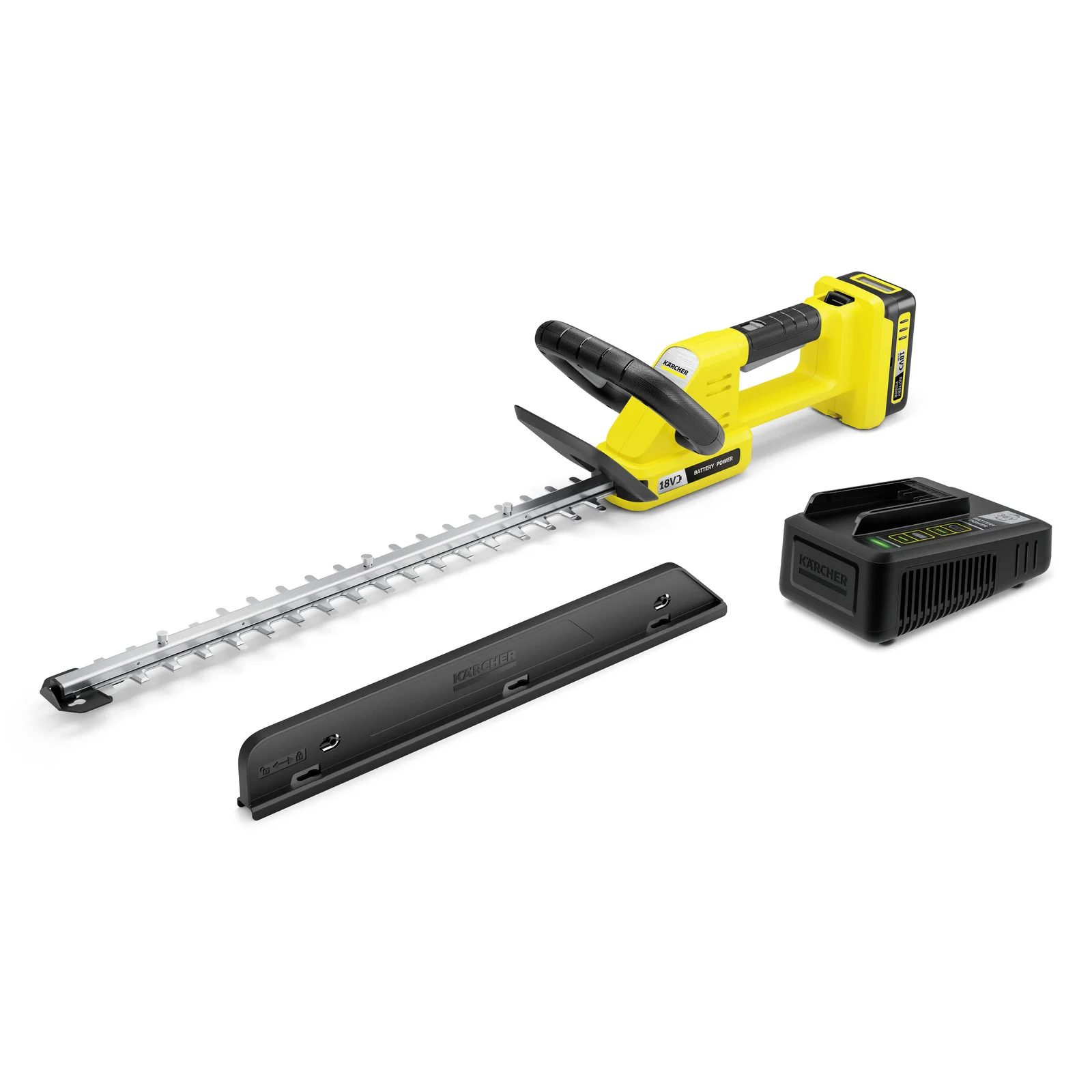 Kärcher Akku-Heckenschere mit Ladegerät und Schwertschutz auf weißem Hintergrund.