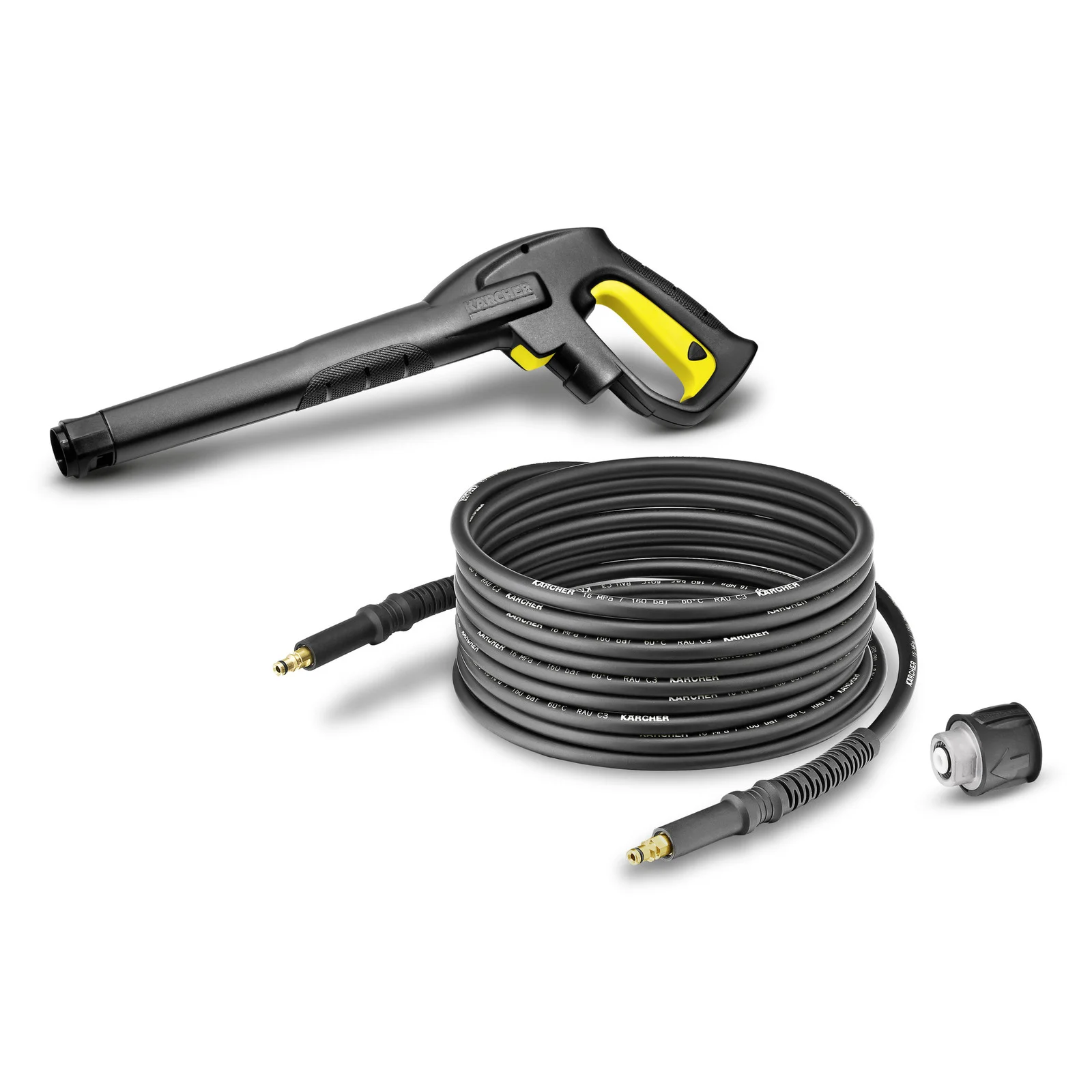 Kärcher Hochdruckpistole mit gelbem Griff, daneben ein aufgerollter Hochdruckschlauch und ein Adapter.