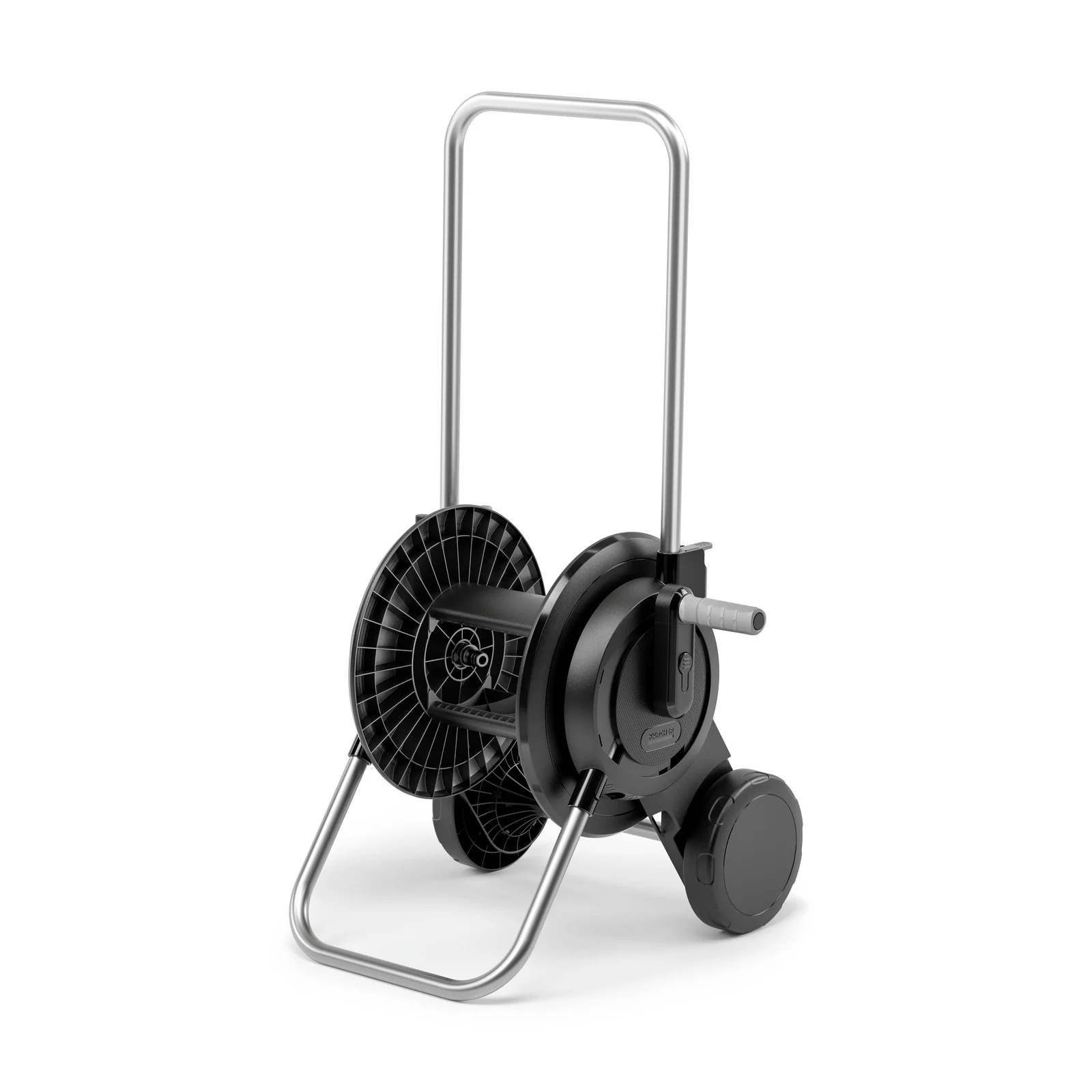 Schwarze Kärcher Schlauchwagen mit Griff und Rädern, auf weißem Hintergrund.