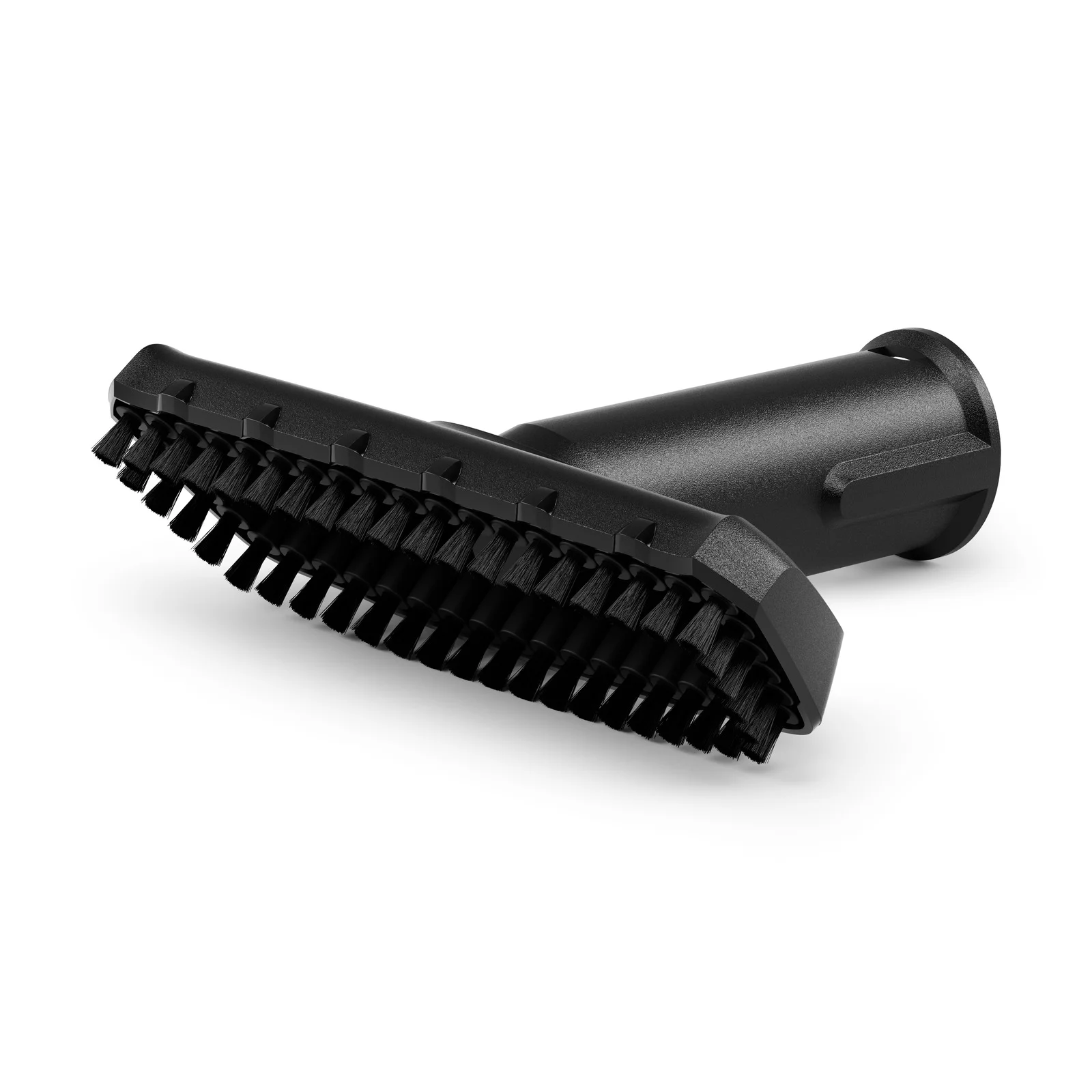 Schwarze Bürstendüse mit Borsten, geeignet für Kärcher Staubsauger, auf weißem Hintergrund.