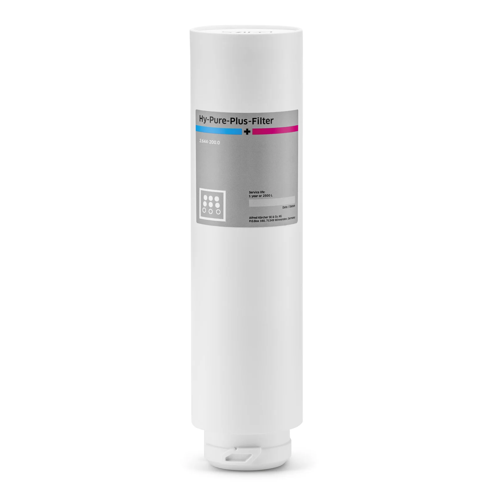 Weißer Hy-Pure-Plus-Filter mit grauem Etikett und farbigen Streifen, stehend auf weißem Hintergrund.