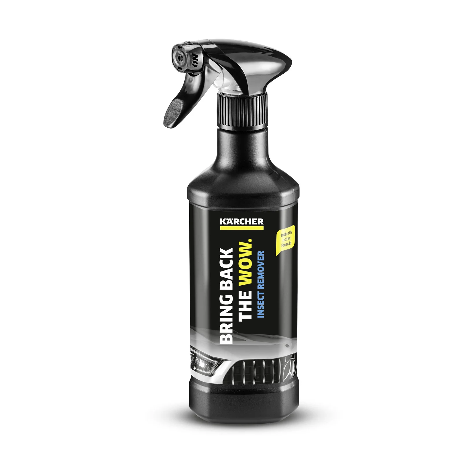 Kärcher Insektenentferner-Sprühflasche mit schwarzem Design und gelbem Etikett auf weißem Hintergrund.