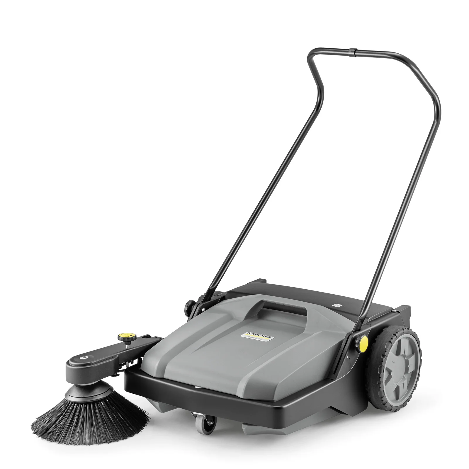 Kärcher Kehrmaschine mit seitlicher Rundbürste und zwei großen Rädern, graues Gehäuse und schwarzer Griff.