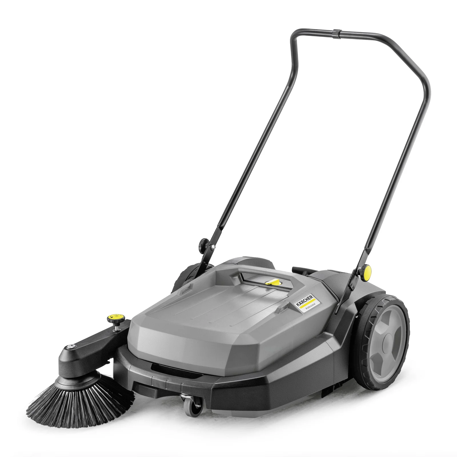Graue Kärcher Kehrmaschine mit schwarzem Griff und seitlicher Bürste auf weißem Hintergrund.