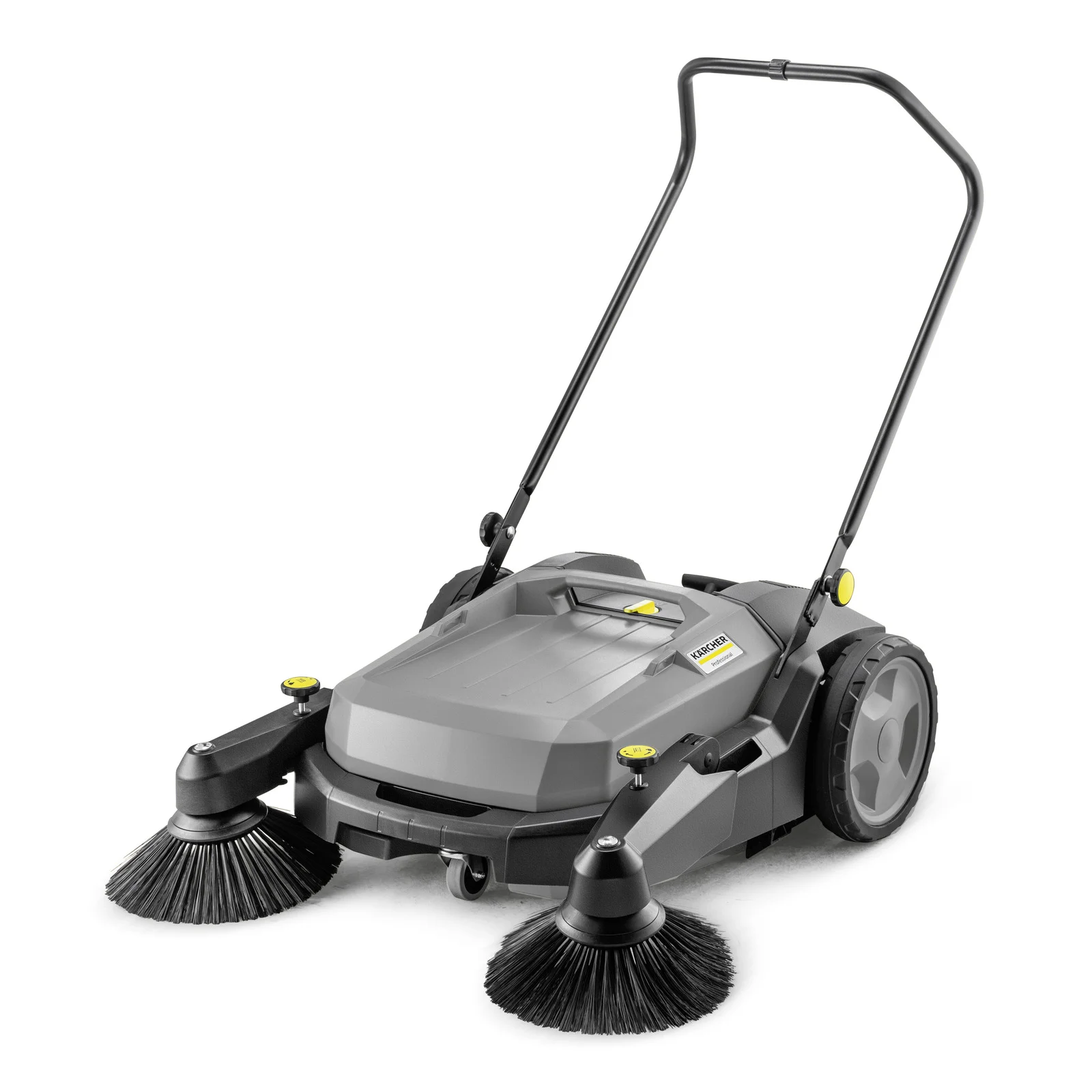 Kärcher Kehrmaschine mit zwei rotierenden Bürsten und ergonomischem Griff in Grau und Schwarz.