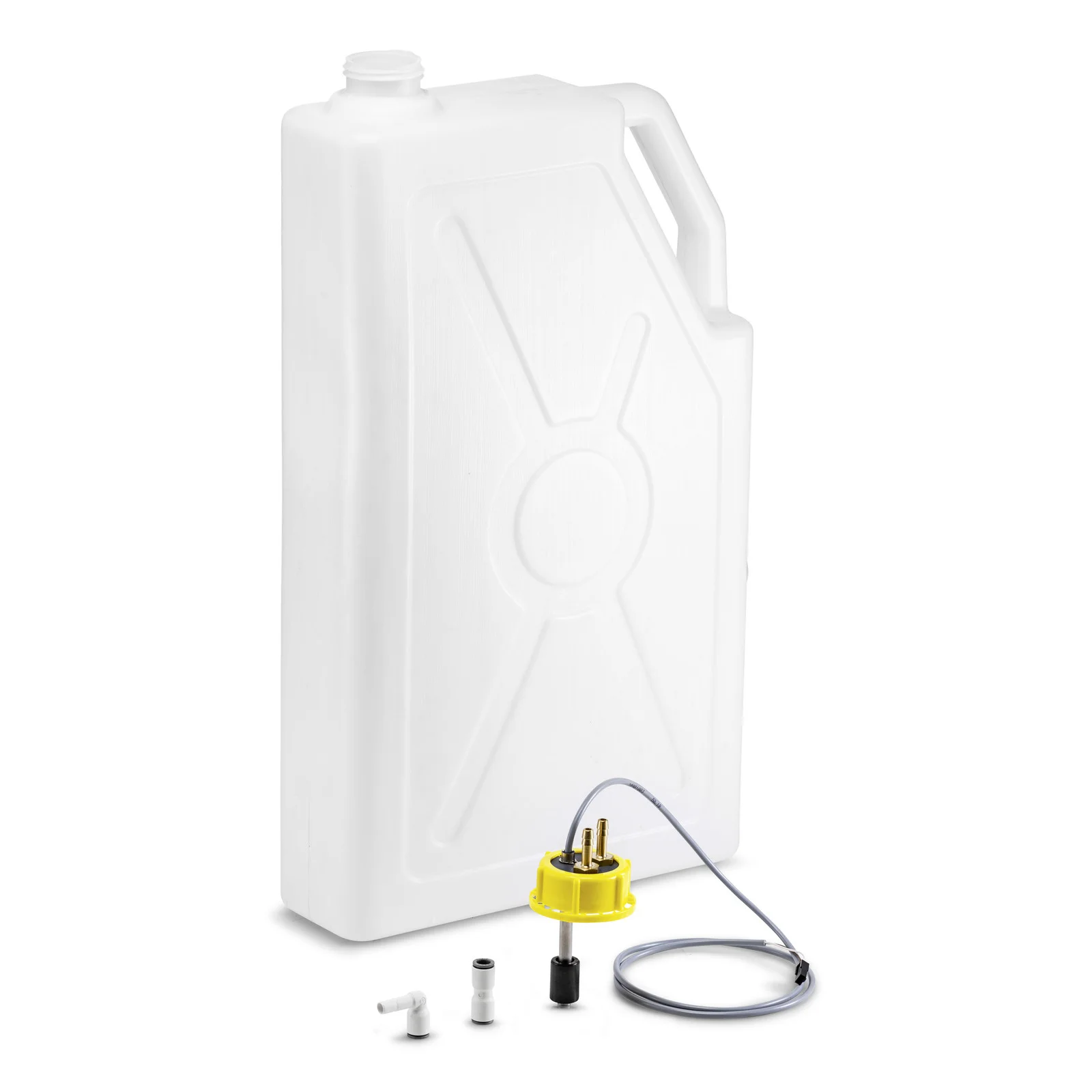 Weißer Kanister mit gelbem Anschlussstück und Kabel, daneben drei kleine Adapter.
