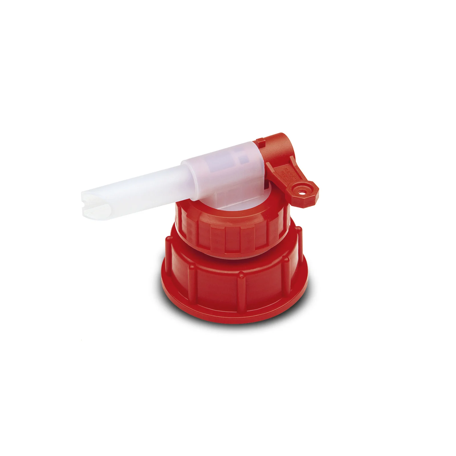 Roter Kunststoffadapter mit transparentem Röhrchen, seitlicher Griff und Schraubverschluss.