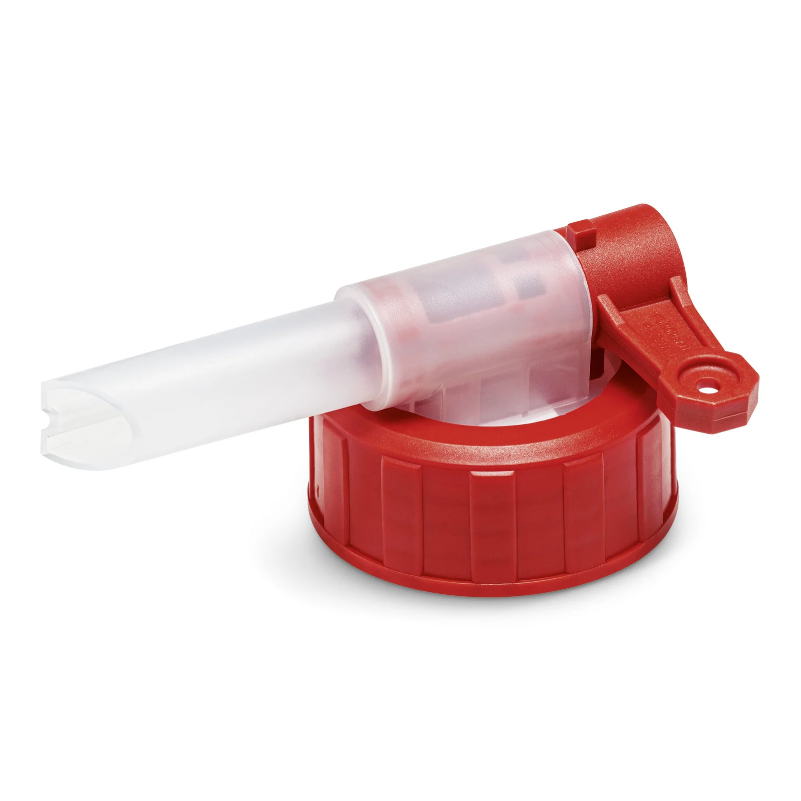 Roter Verschlussdeckel mit transparentem Ausguss und Griff, auf weißem Hintergrund.