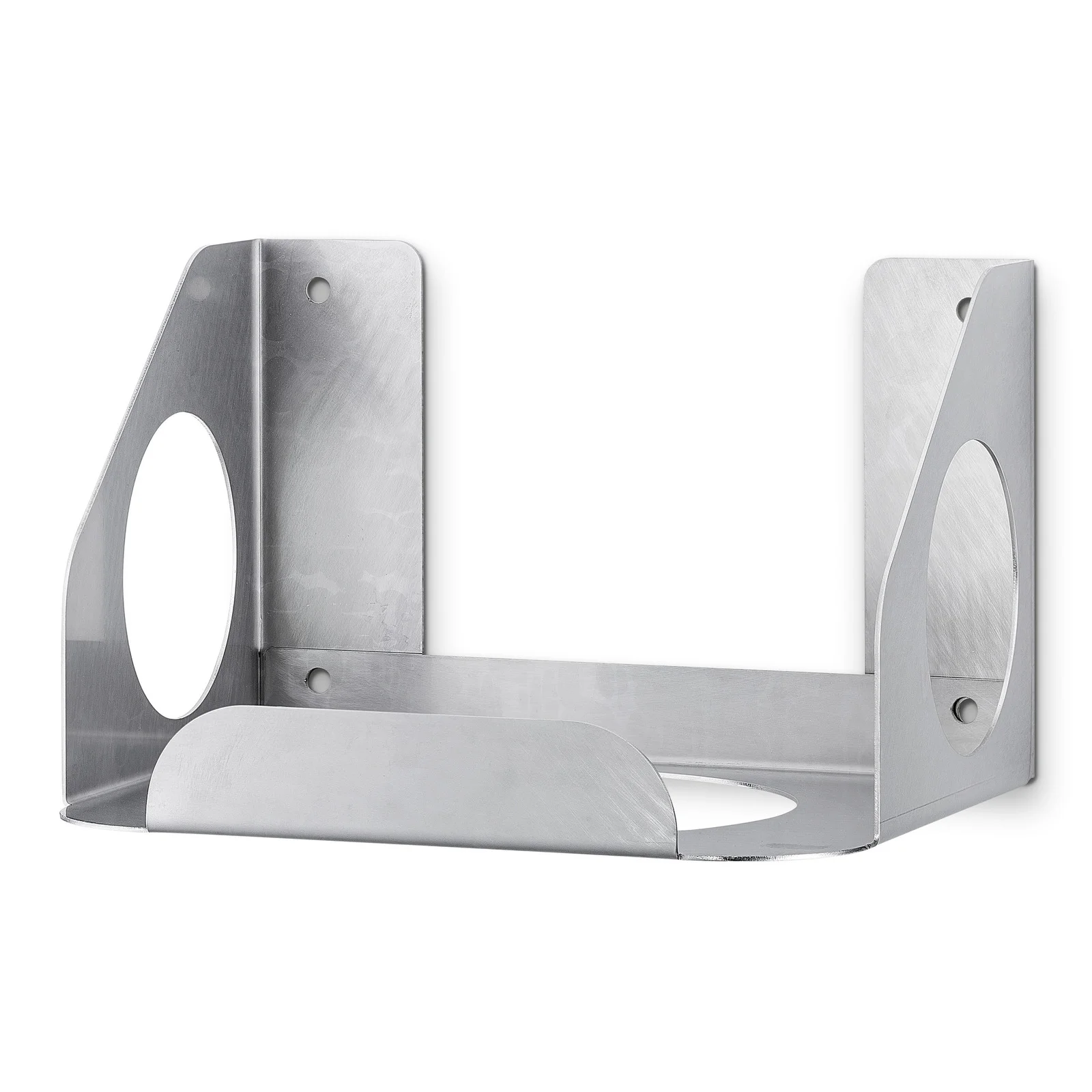 Metallhalterung mit zwei seitlichen Öffnungen und einer unteren Ablage, geeignet zur Wandmontage.
