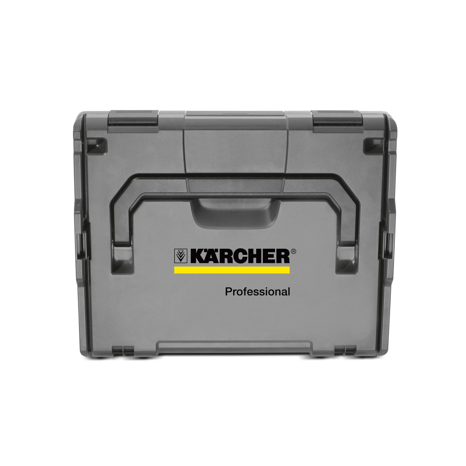 Grauer Kärcher Werkzeugkoffer mit schwarzem Griff und gelbem Streifen, Aufschrift "Professional".