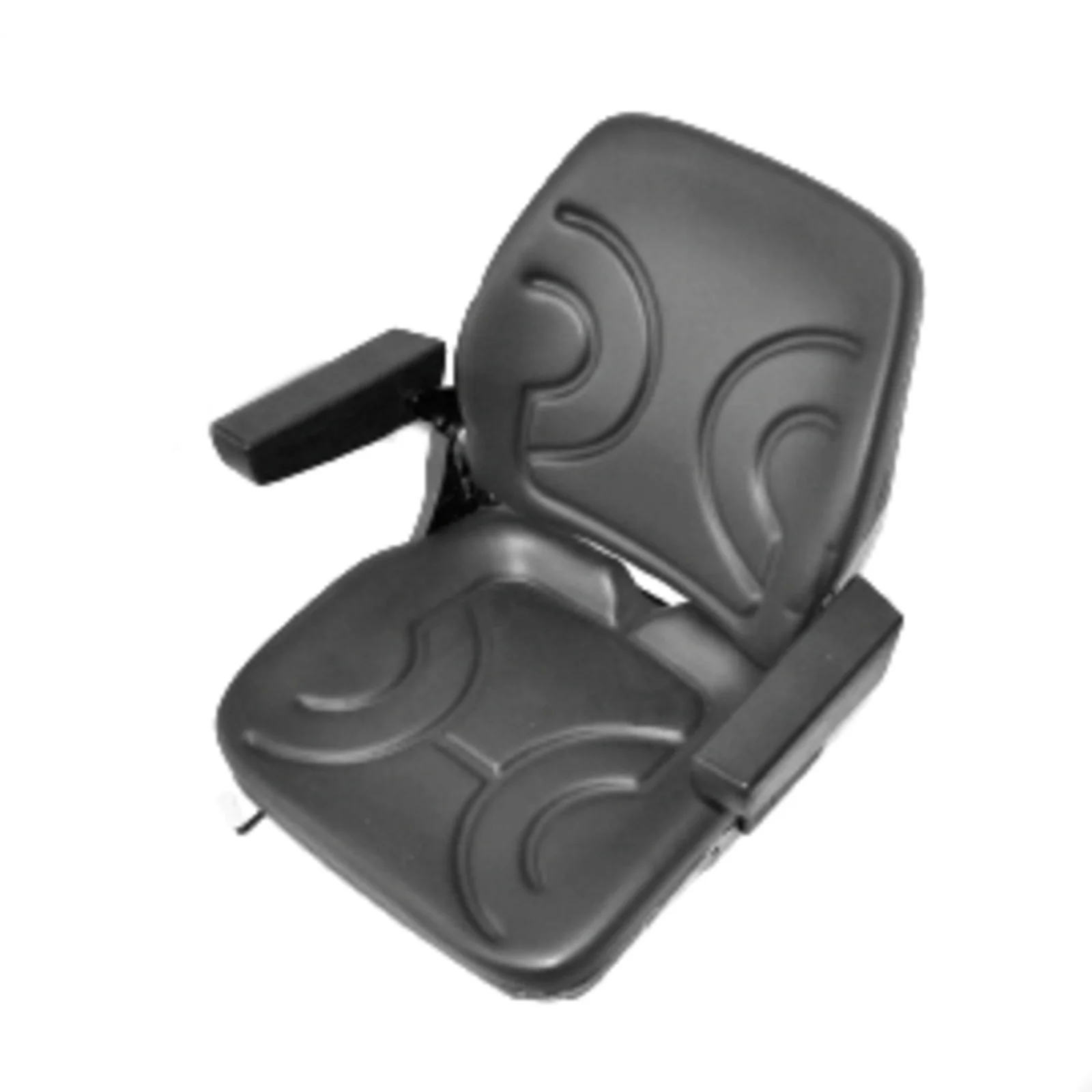 Schwarzer Bürostuhl mit gepolsterten Armlehnen und ergonomisch geformter Sitzfläche.