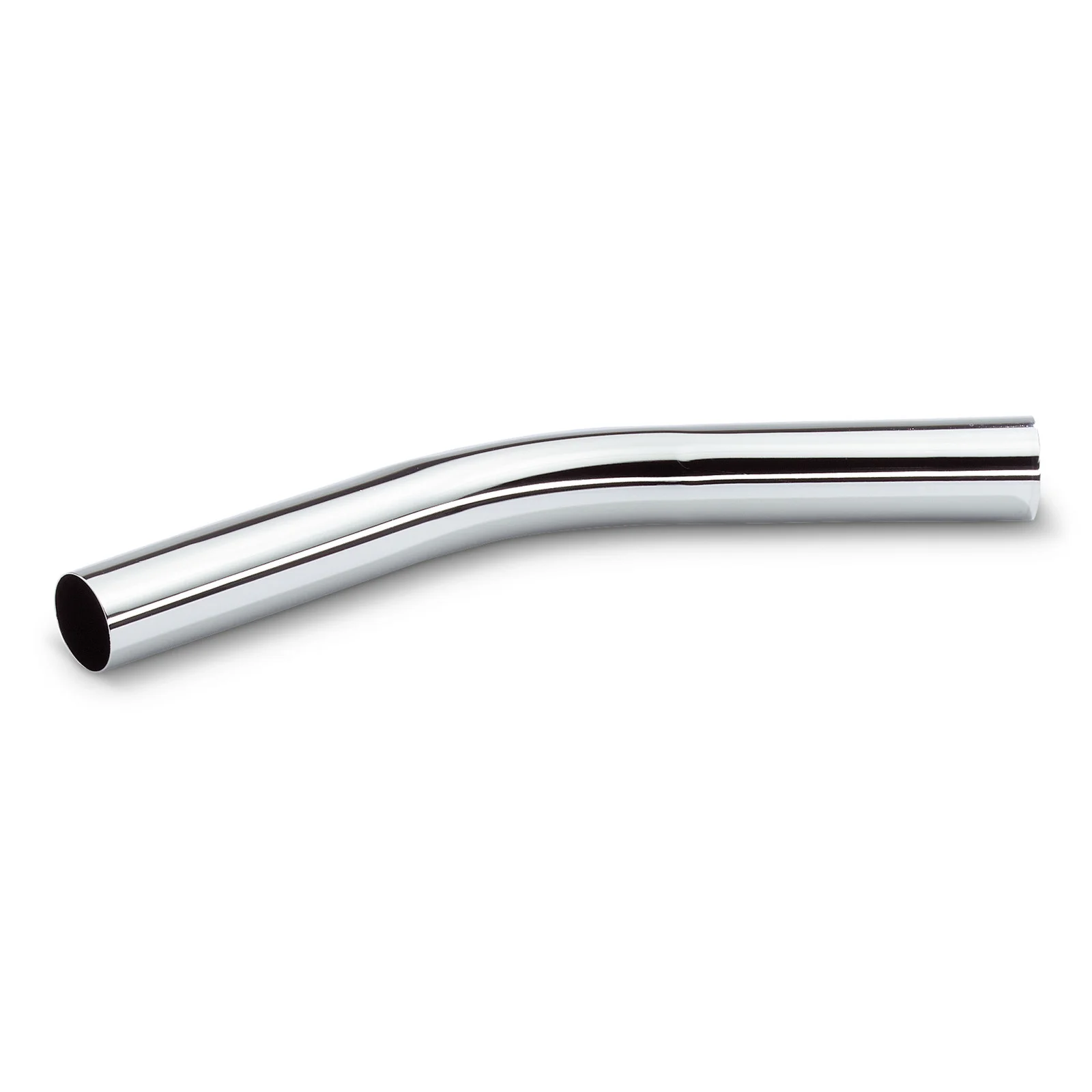 Gebogenes, silbernes Metallrohr mit glänzender Oberfläche auf weißem Hintergrund.